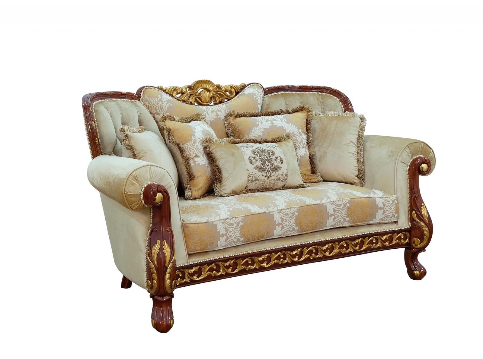 Antique Walnut and Gold Leaf Tufted Loveseat with Rolled Arms