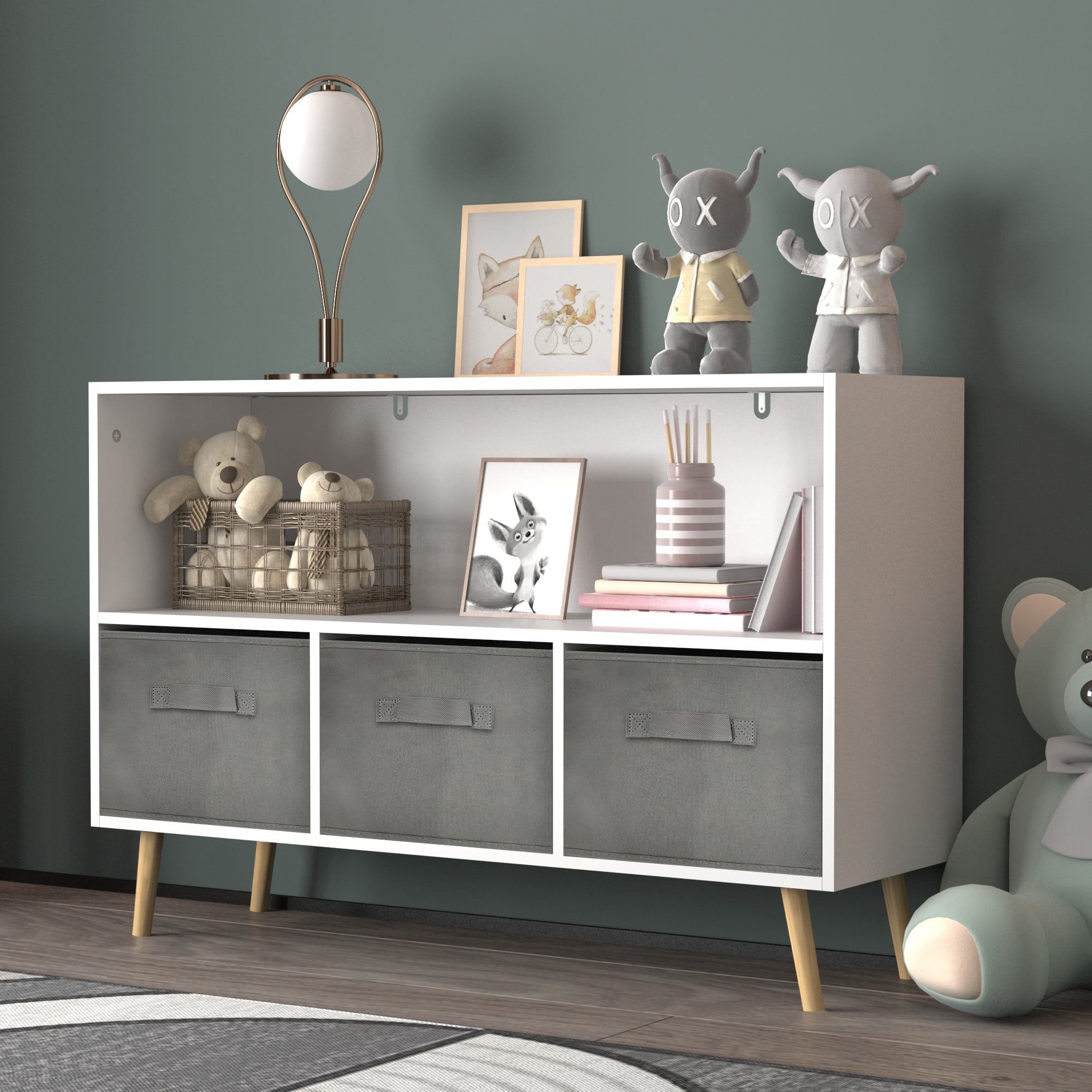 Gray and White Kids Bookcase with Collapsible Fabric Drawers