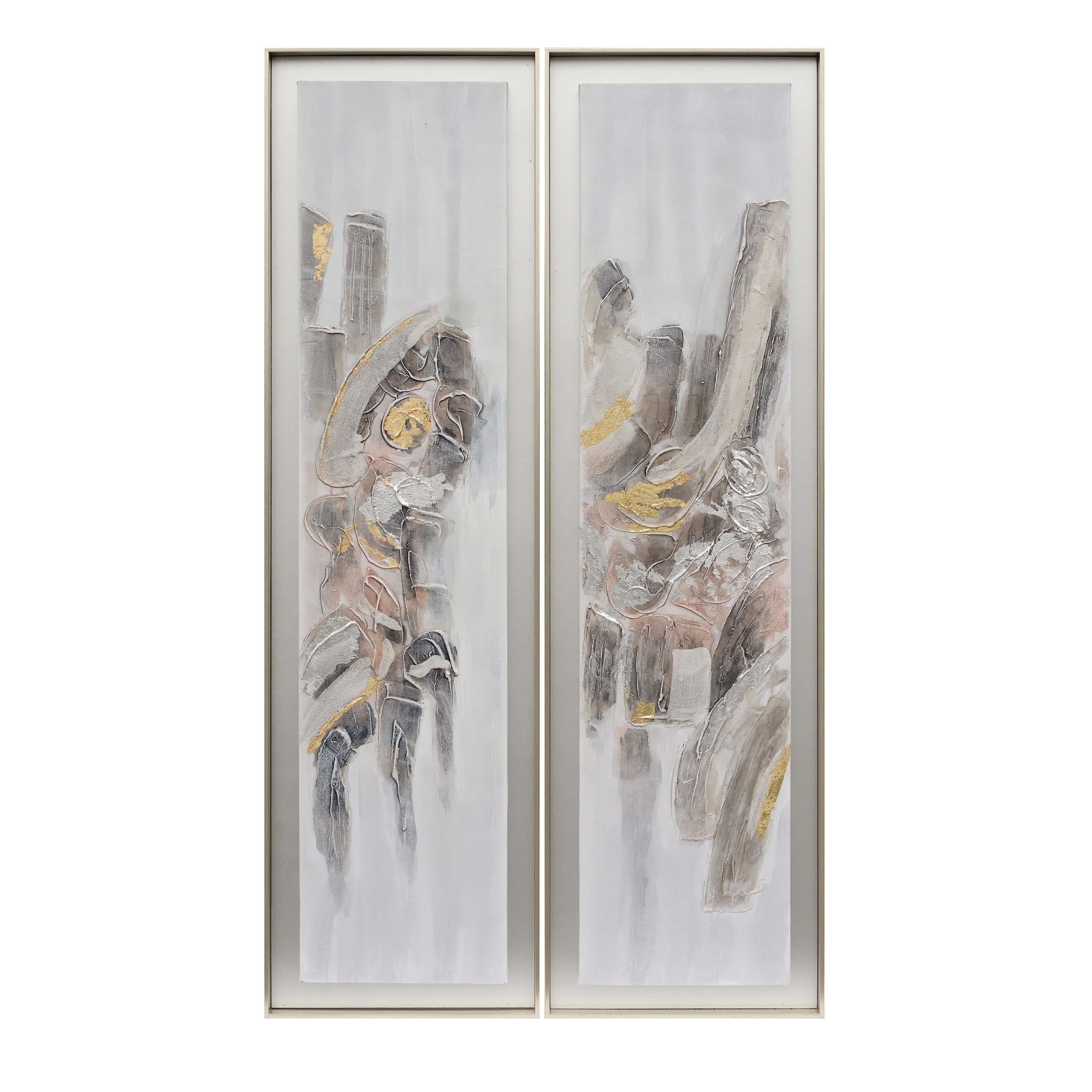 Set of 2 Abstract Gray and Brown Oil Paintings with Silver Frame