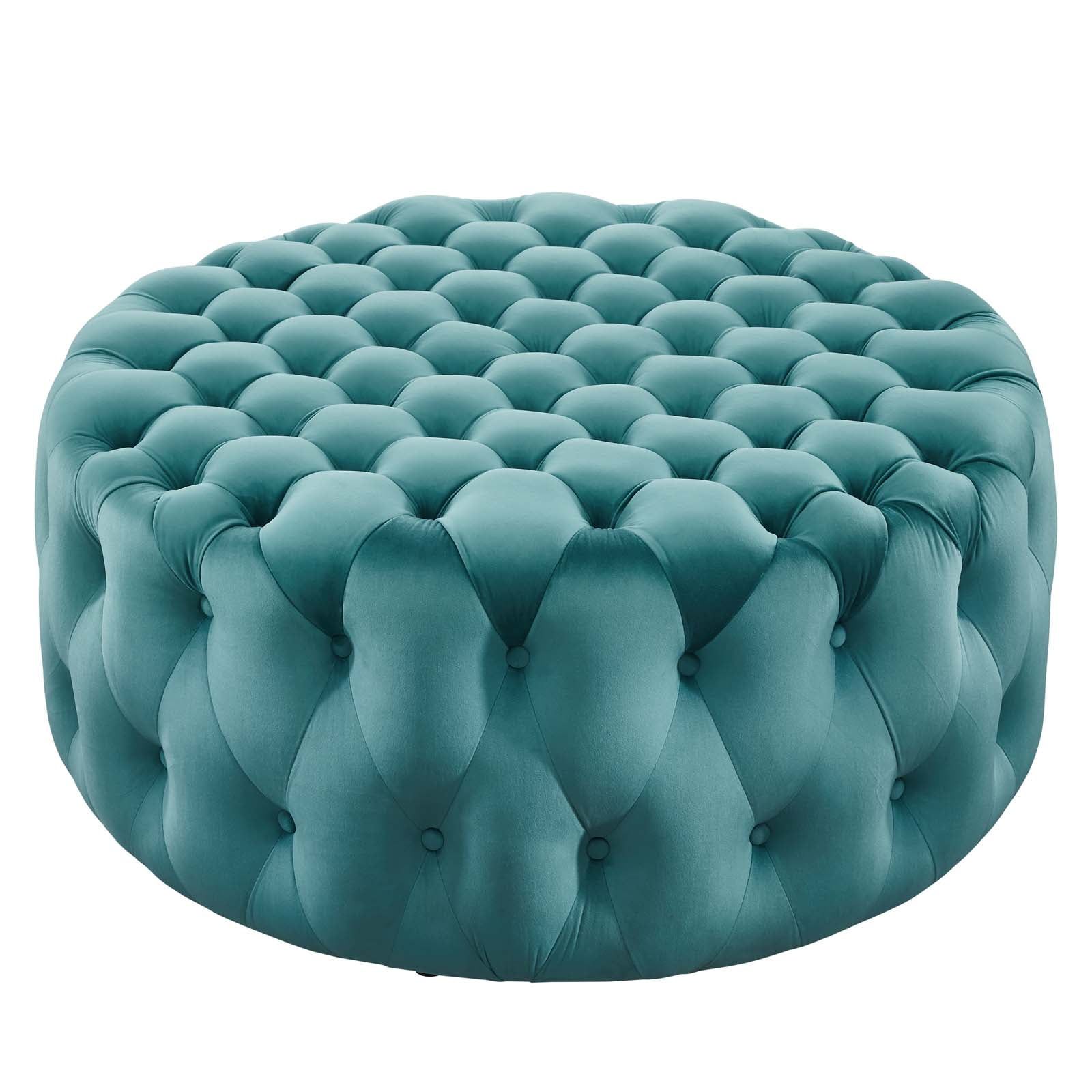 Amour Sea Blue Velvet Tufted Round Ottoman, 40"