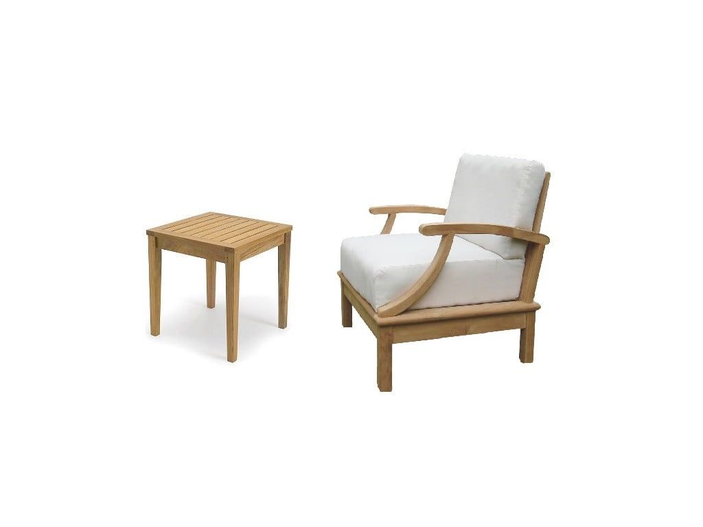 Natural Teak Lounge Chair and Side Table Set with White Cushions