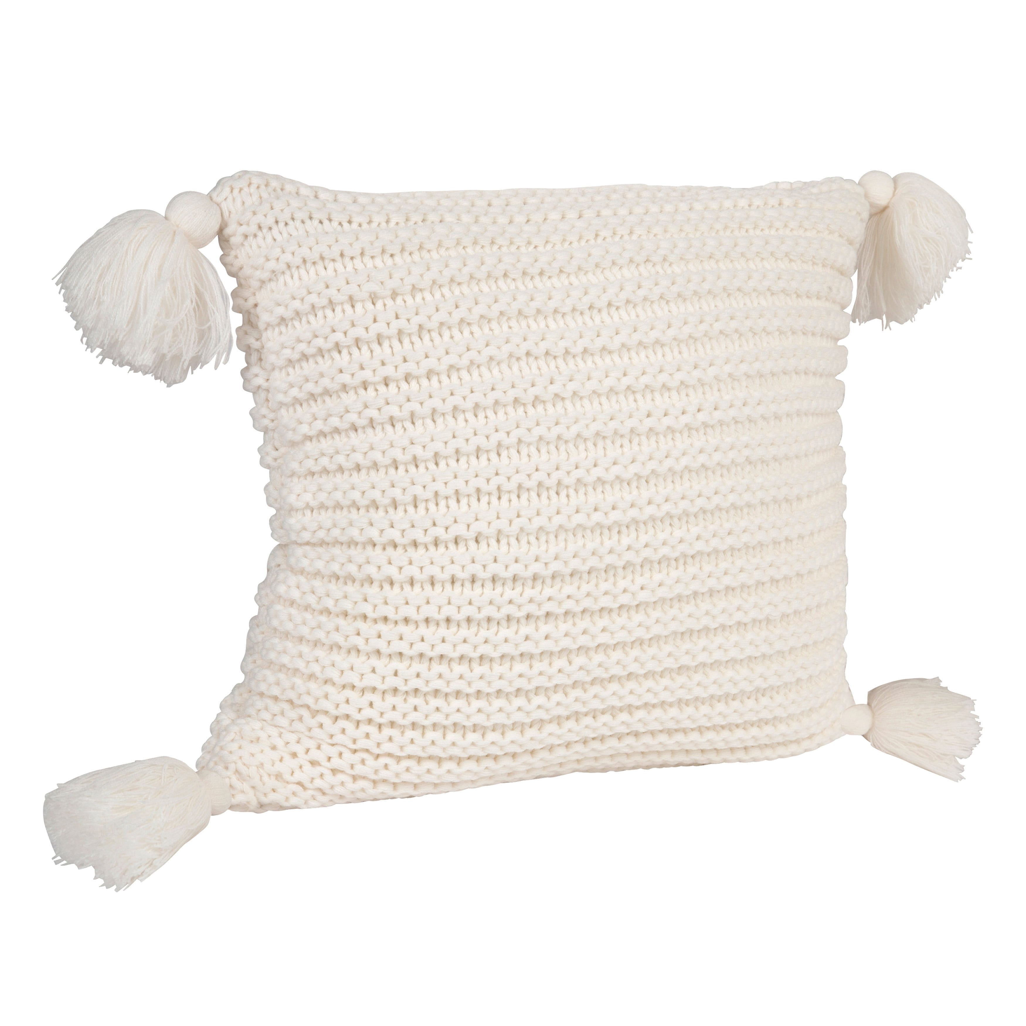 White Acrylic Ribbed Knit Pillow Cover with Tassels