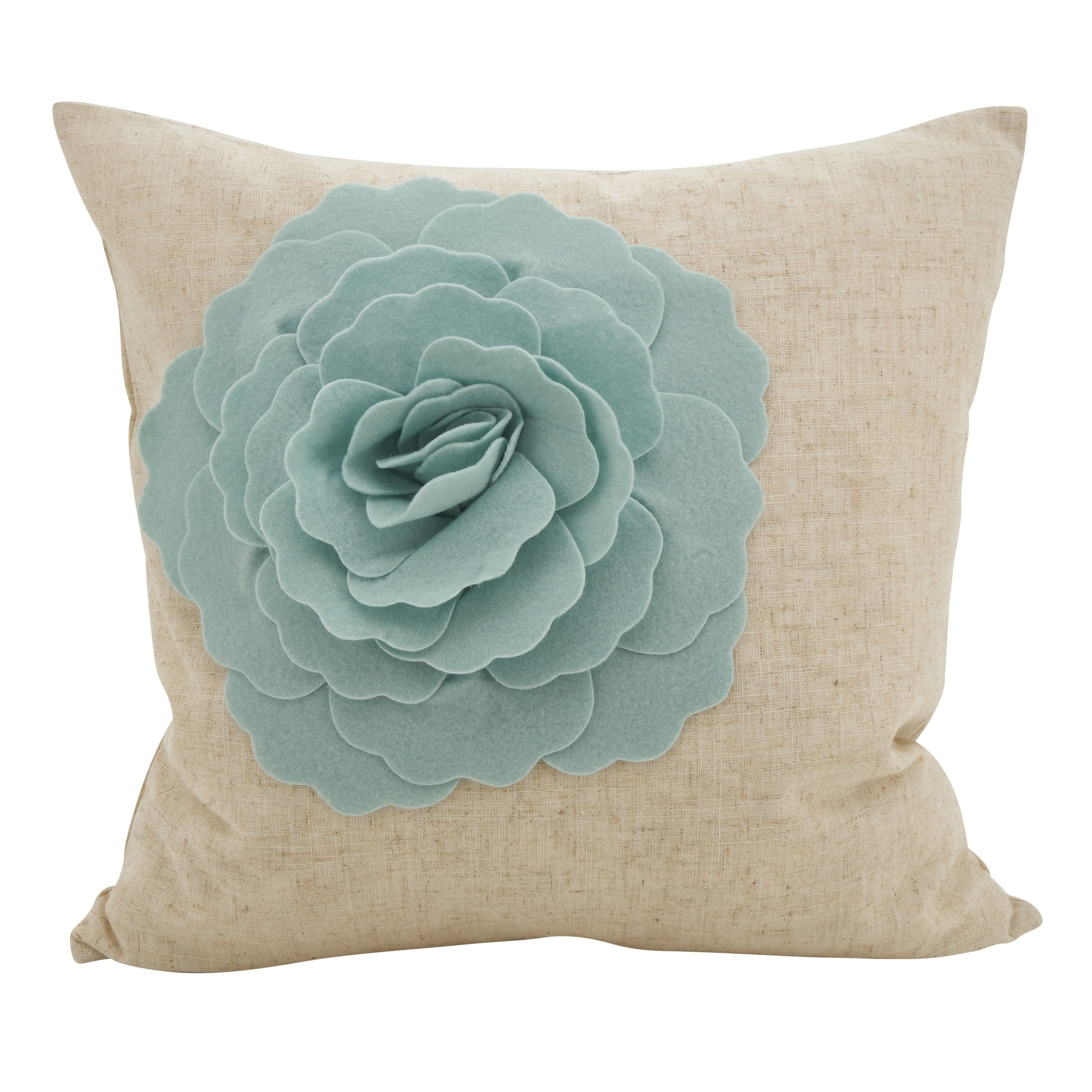 Medium Off-White Square Pillow with Aqua 3D Flower