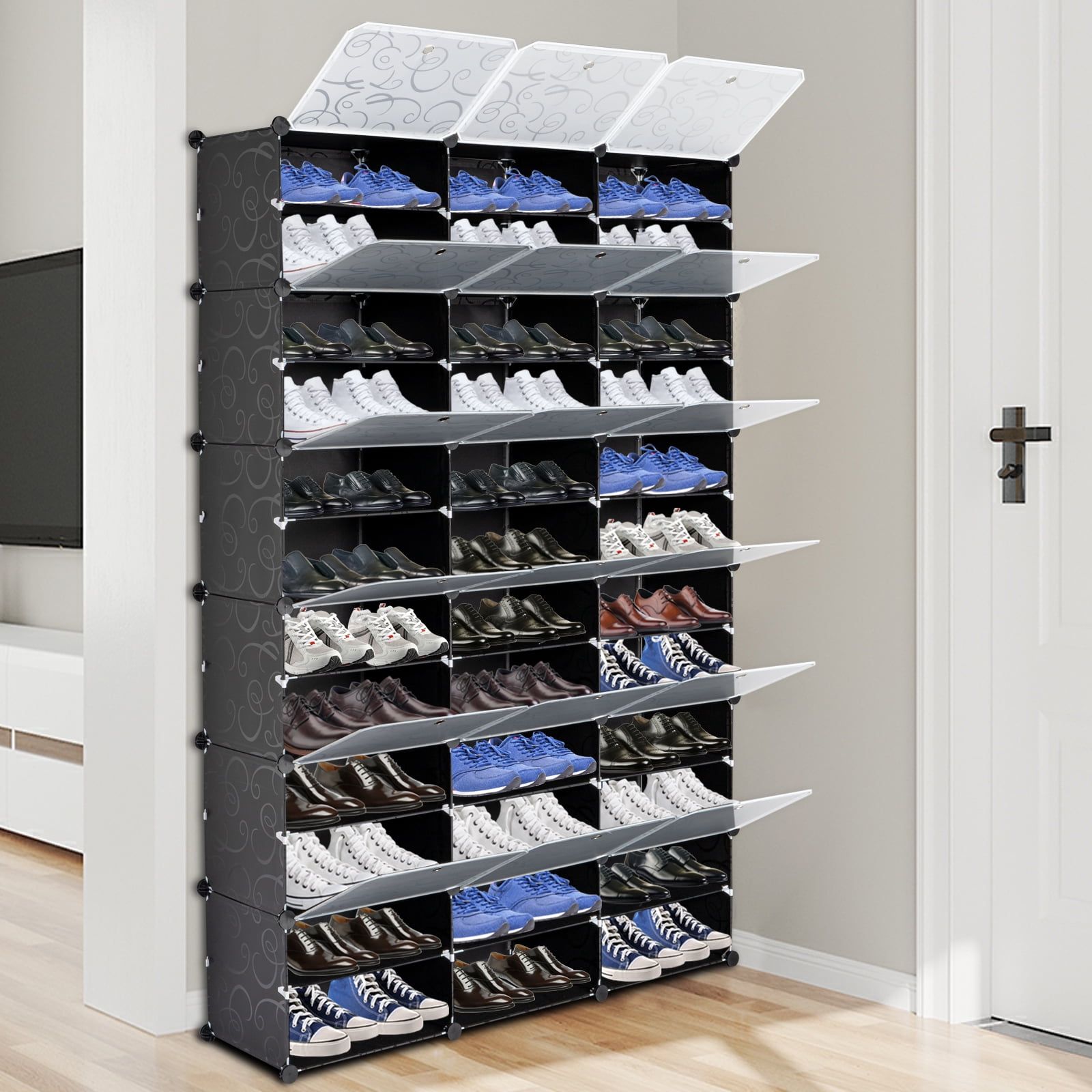 Black 12-Tier Stackable Metal and Plastic Shoe Rack