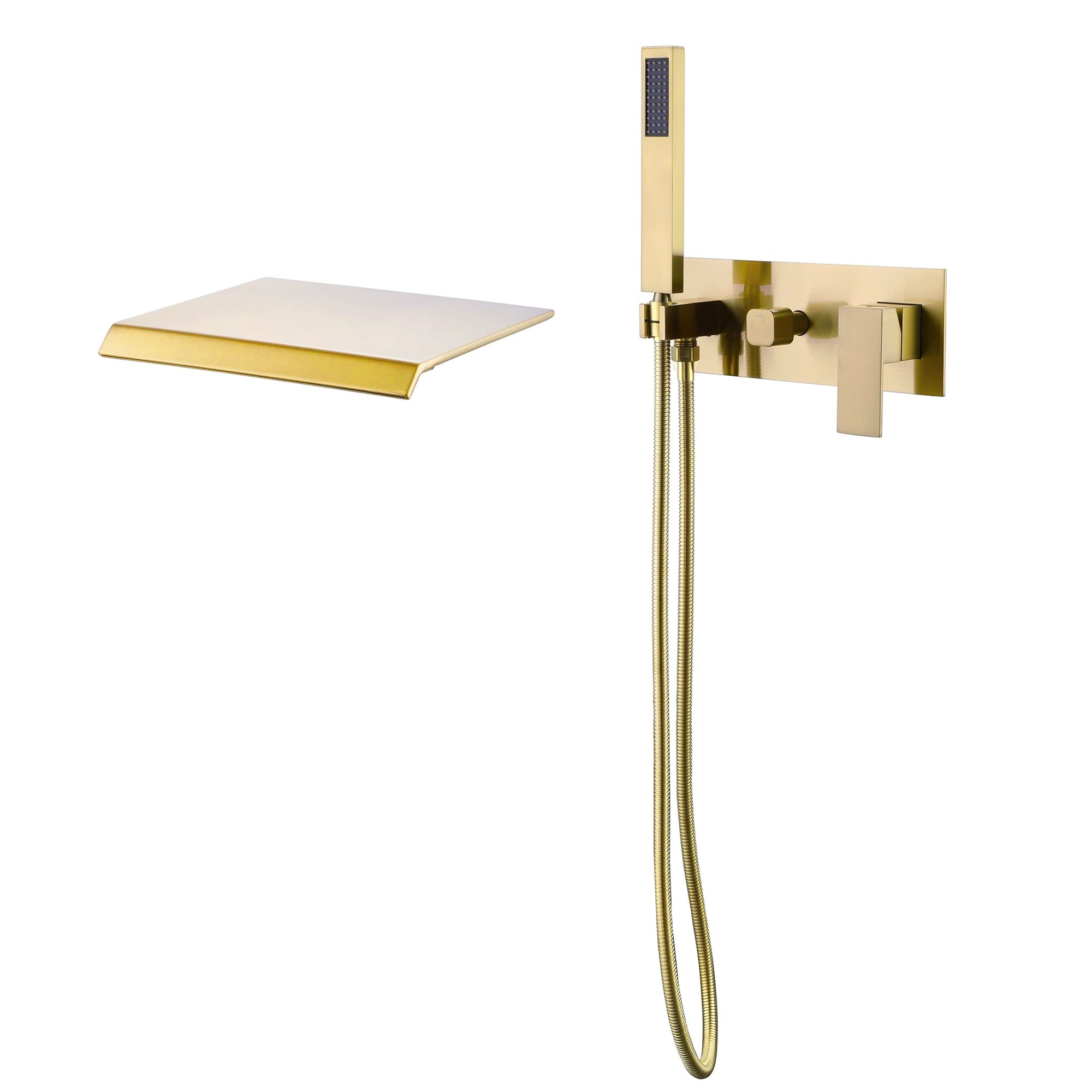 Brushed Gold Wall-Mounted Waterfall Tub Filler with Hand Shower