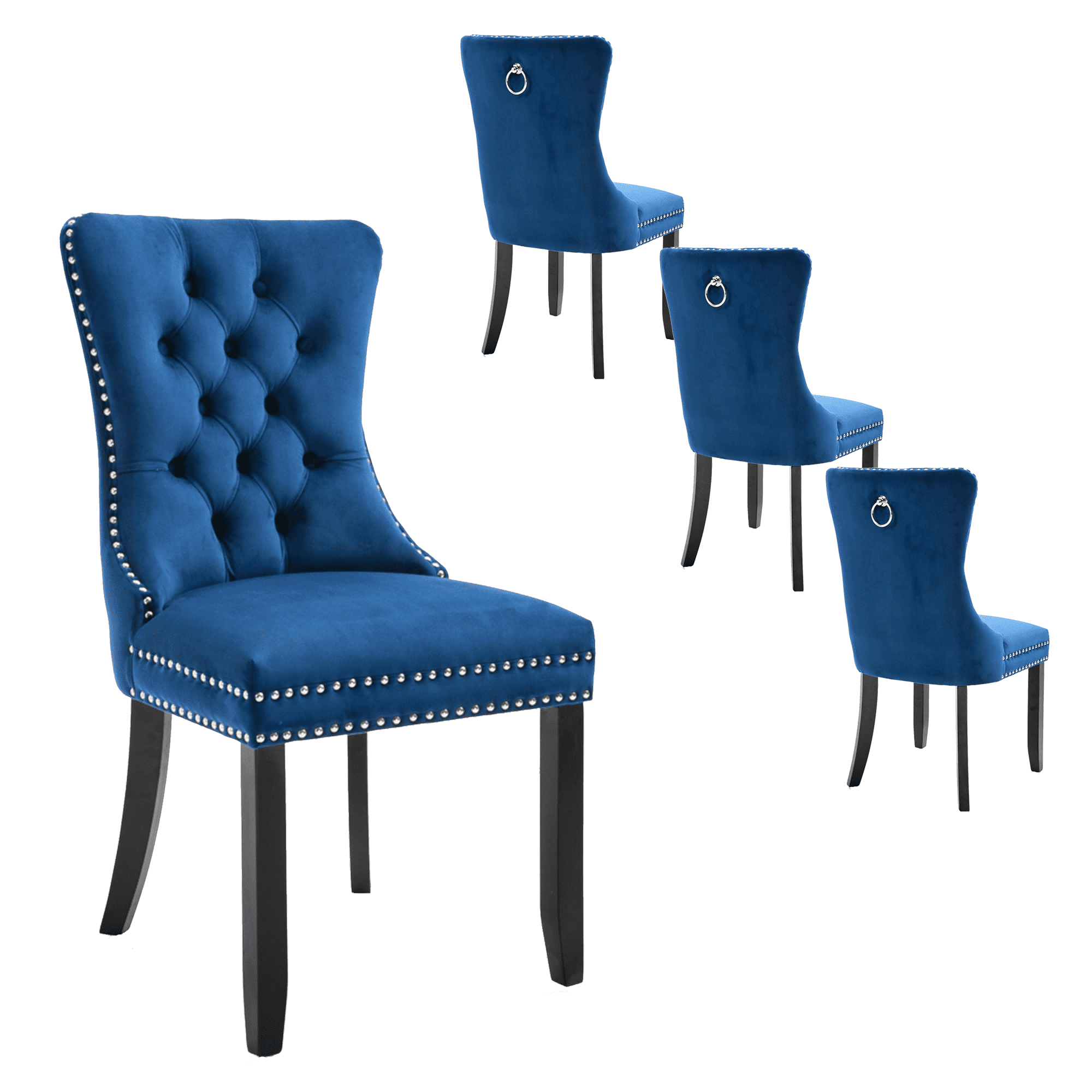 Curved High-Back Plush Blue Velvet Dining Chair with Chrome Nailhead Trim