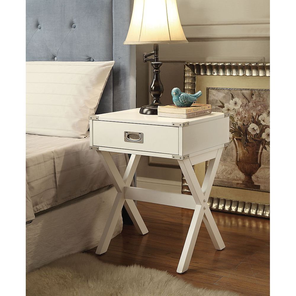 White Wood and Metal Rectangular End Table with Storage Drawer