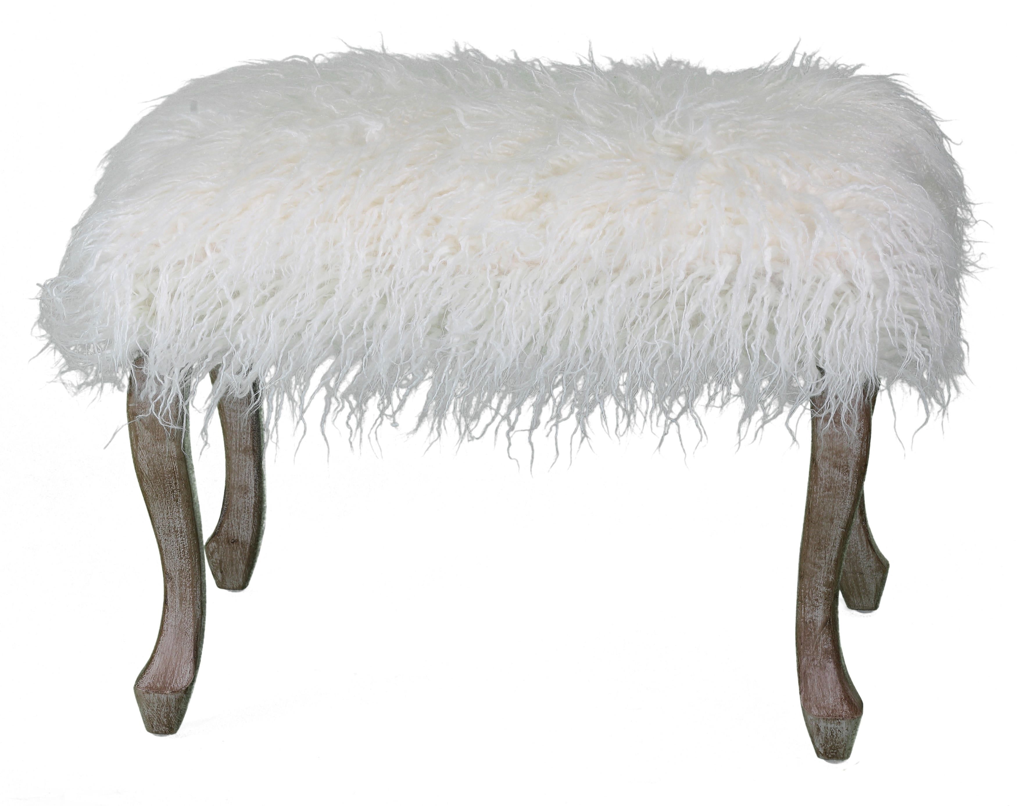 Harlow 26" White Faux Fur Rectangular Footstool with Wood Legs