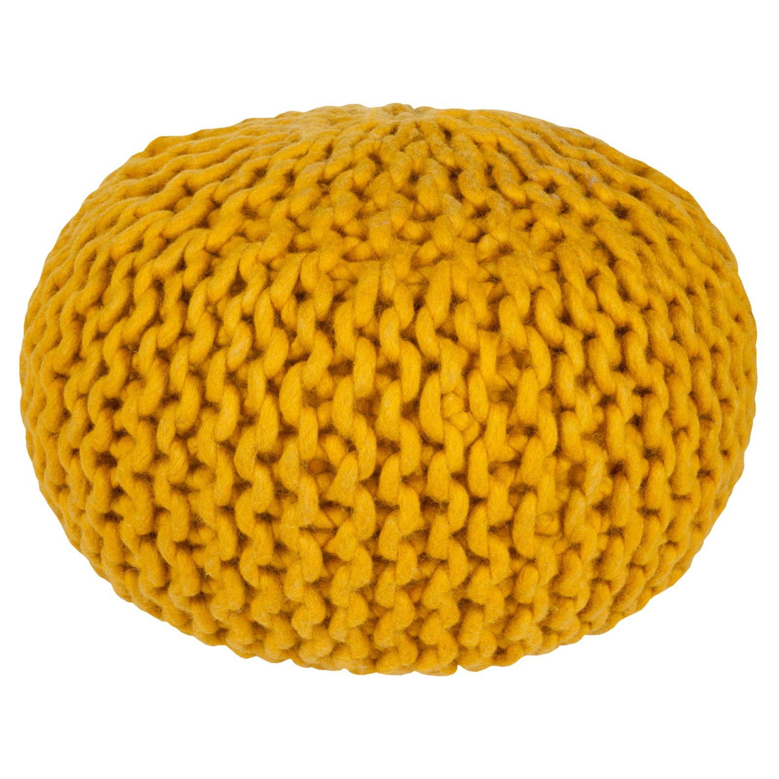 Mustard Hand-Knitted Wool Pouf with Polyester Filling