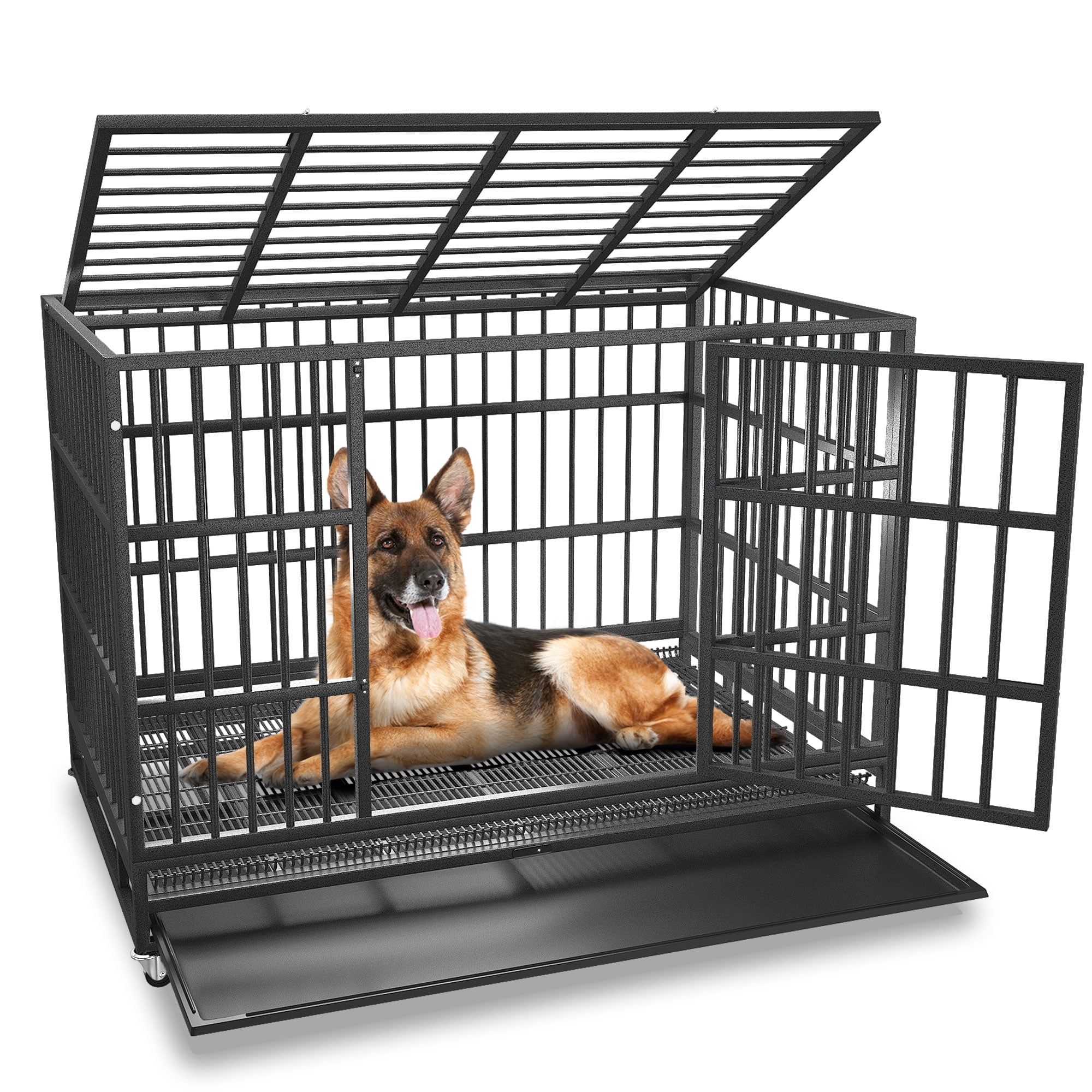 Large Black Steel Rolling Dog Crate with Double Doors