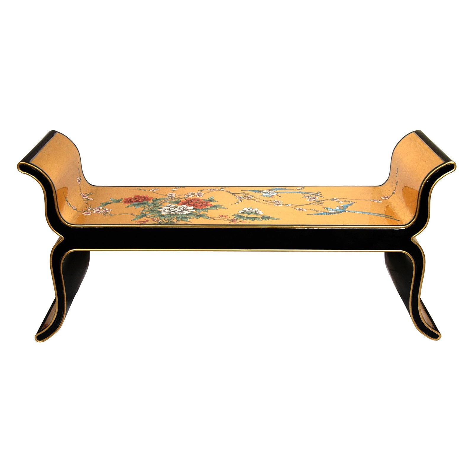 Oriental Gold Leaf Hand-Painted Birds & Flowers Solid Wood Bench