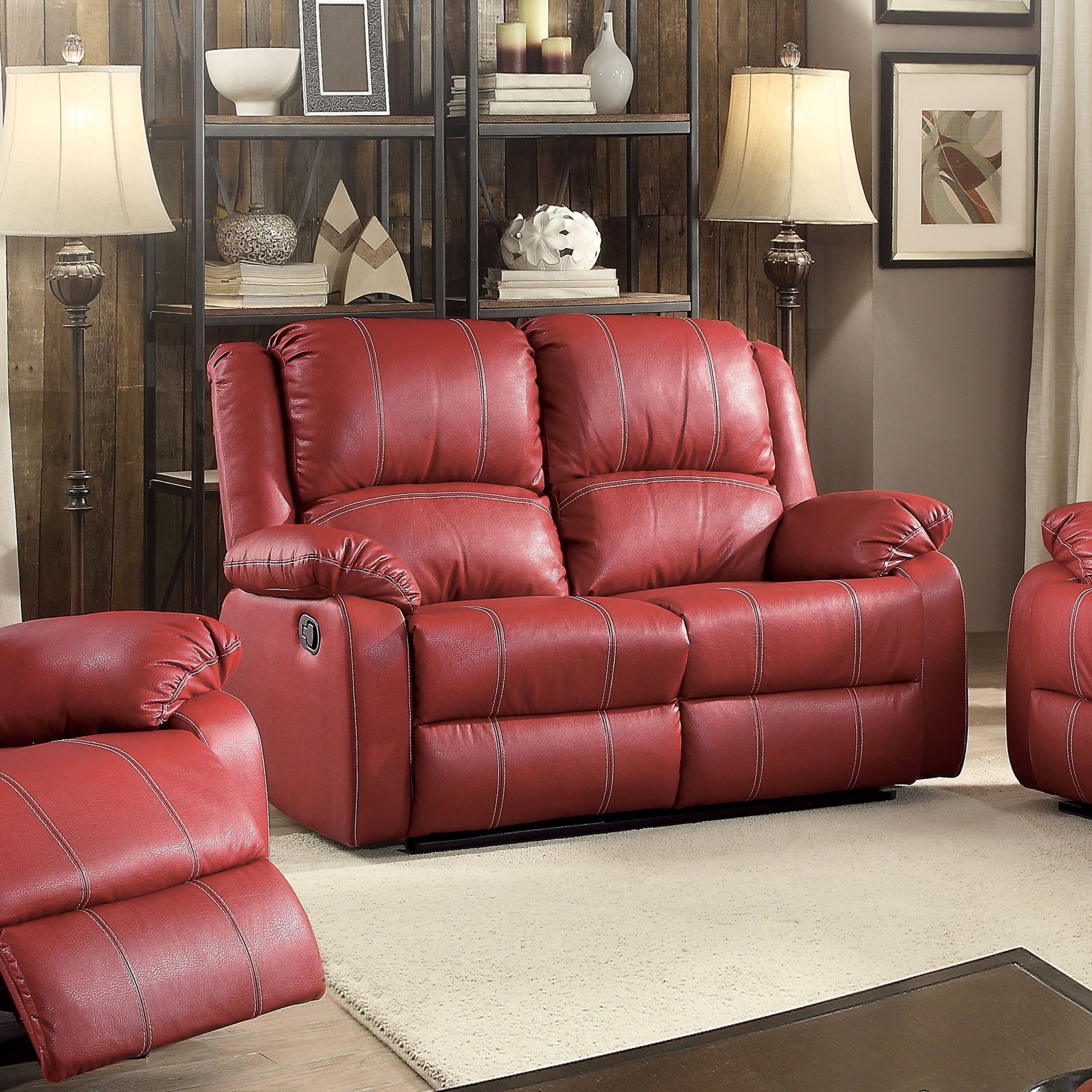 Red Faux Leather Reclining Loveseat with Pillow-top Arms