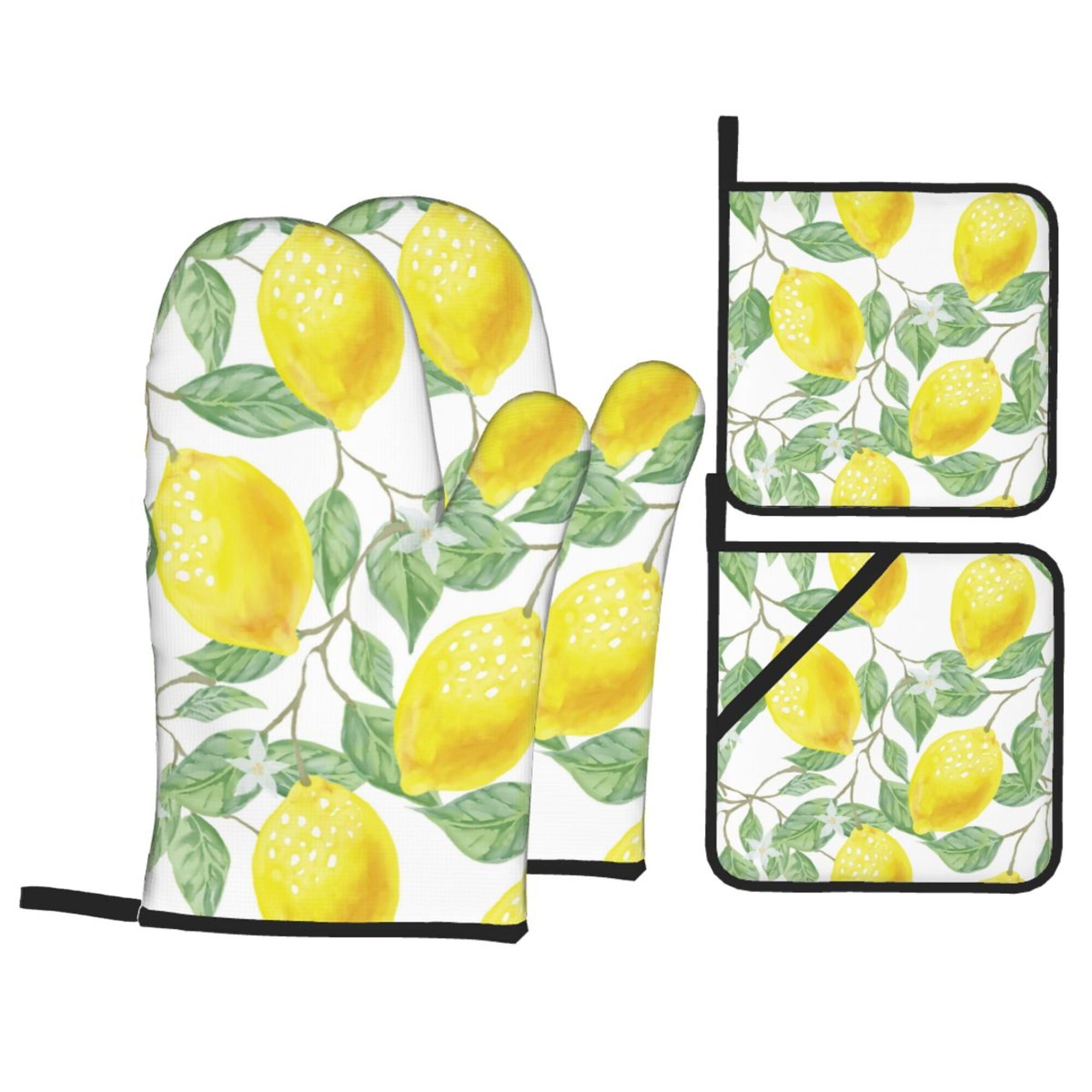 Lemon Print Yellow Cotton Oven Mitts and Pot Holders Set