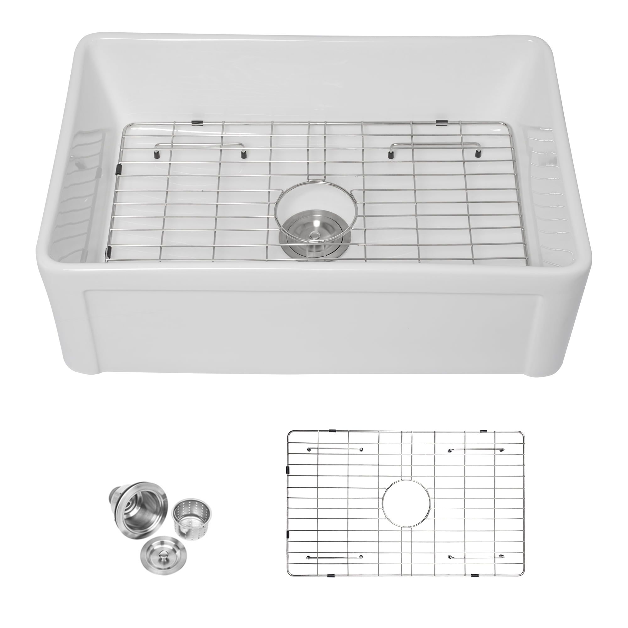 30" White Ceramic Farmhouse Single Bowl Kitchen Sink with Grid and Strainer