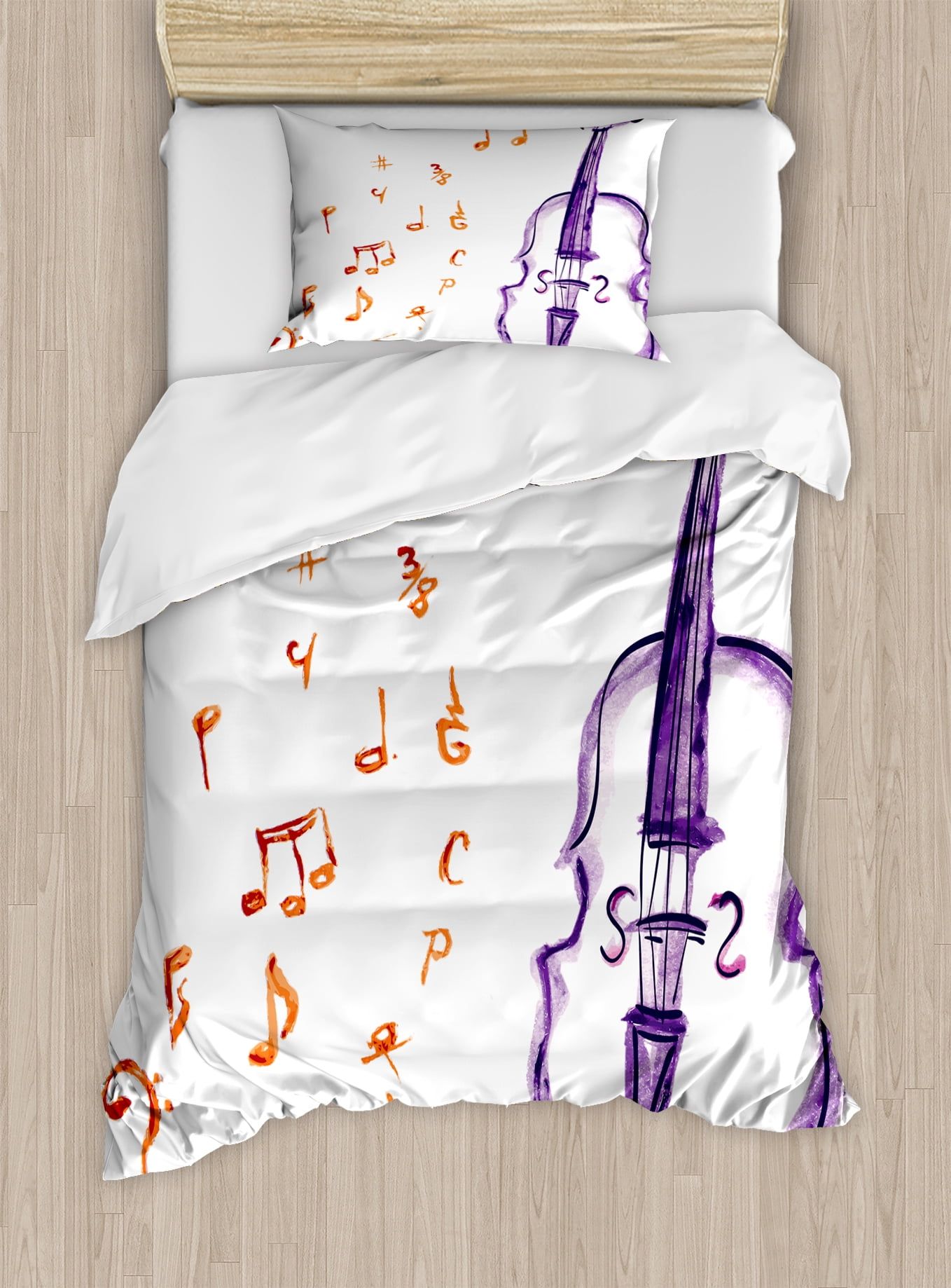 Twin Size White and Purple Musical Notes Duvet Cover Set