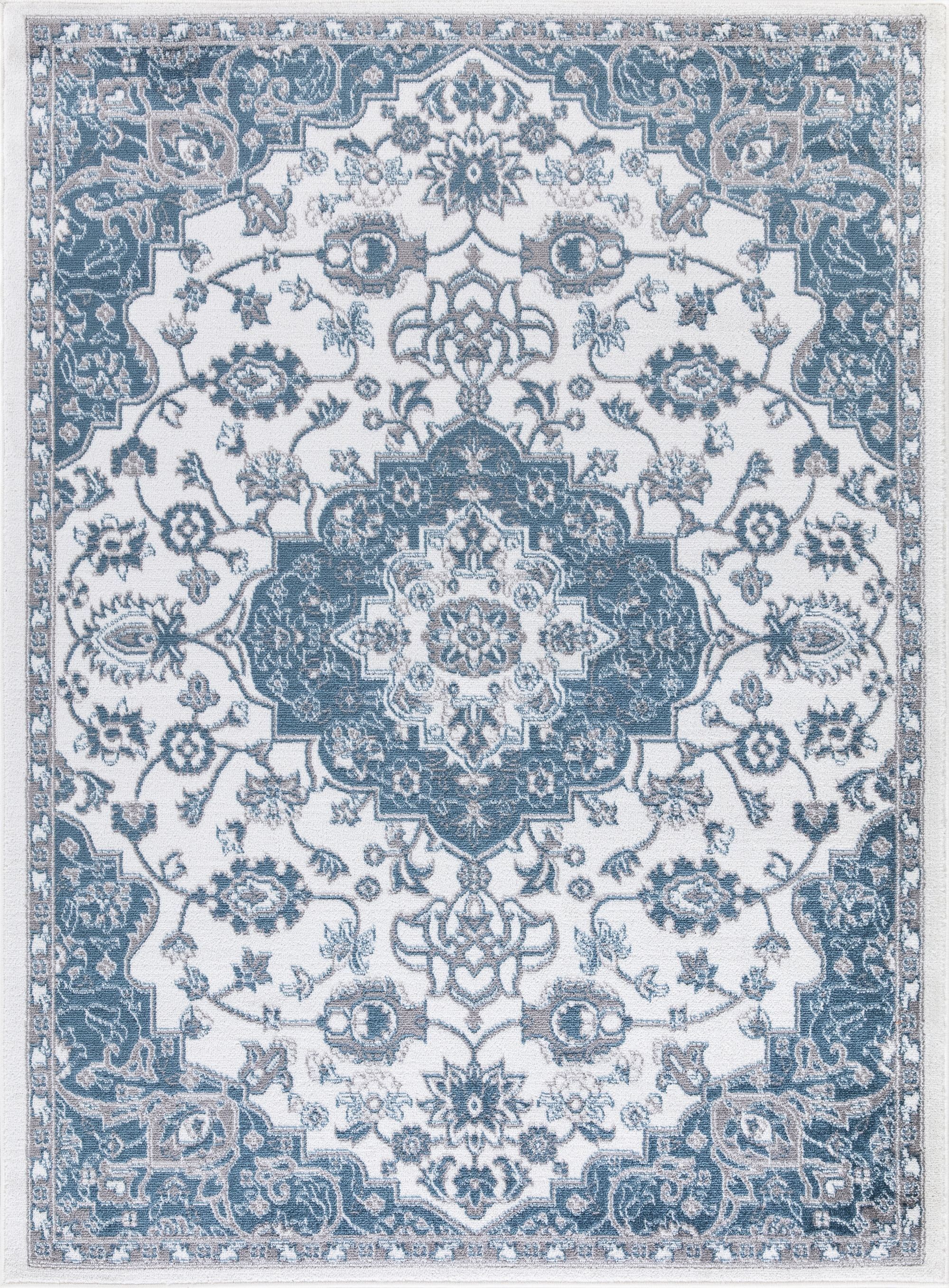 Ivory and Blue Medallion Synthetic 8' x 10' Area Rug