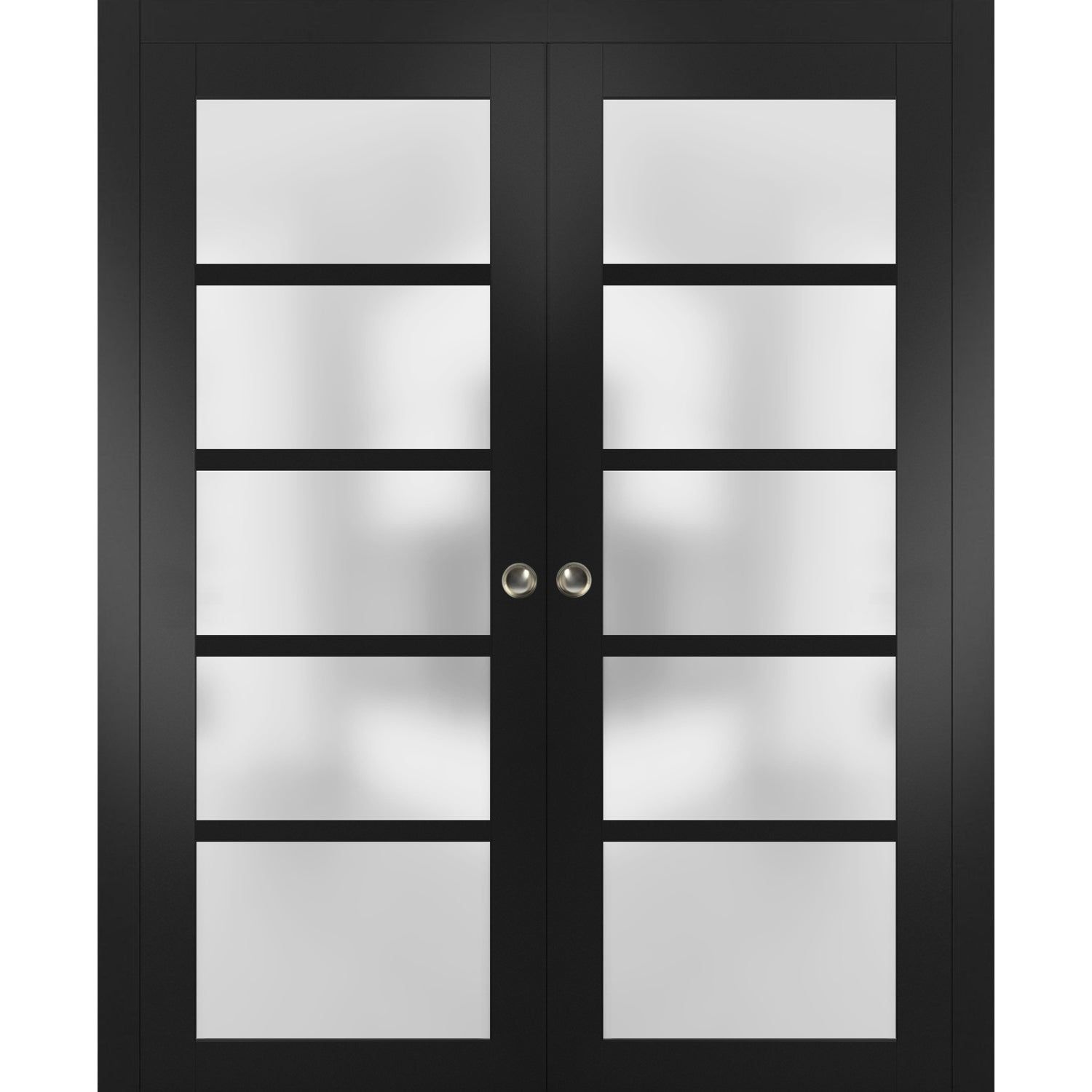 84 x 84 Matte Black Frosted Glass 5-Panel Pocket Doors