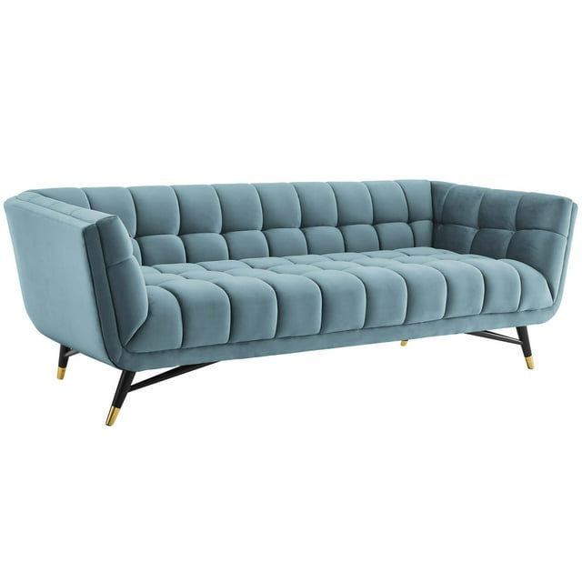 Chic Black Velvet Tufted Sofa with Splayed Birchwood Frame