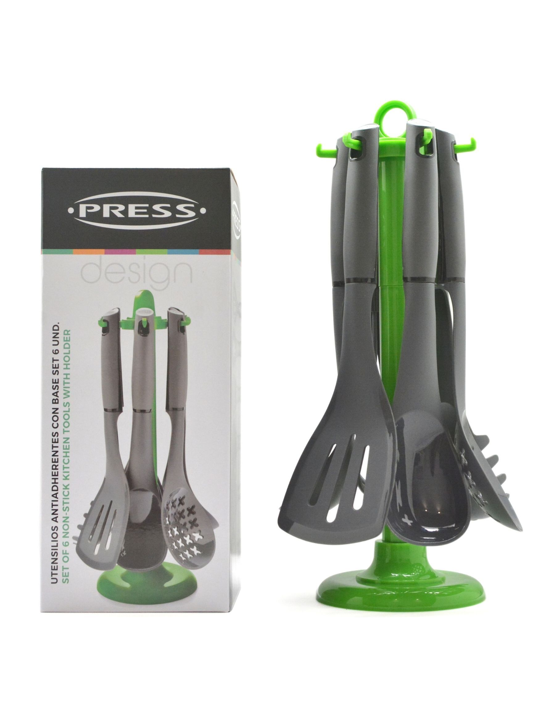 Gray Non-Stick Kitchen Tools Set with Green Carousel Stand