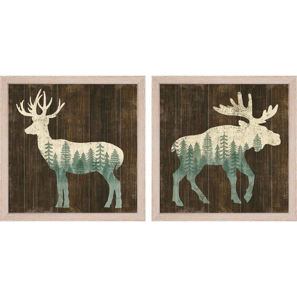 Distressed White Framed Deer & Moose Canvas Prints, 13" x 13"