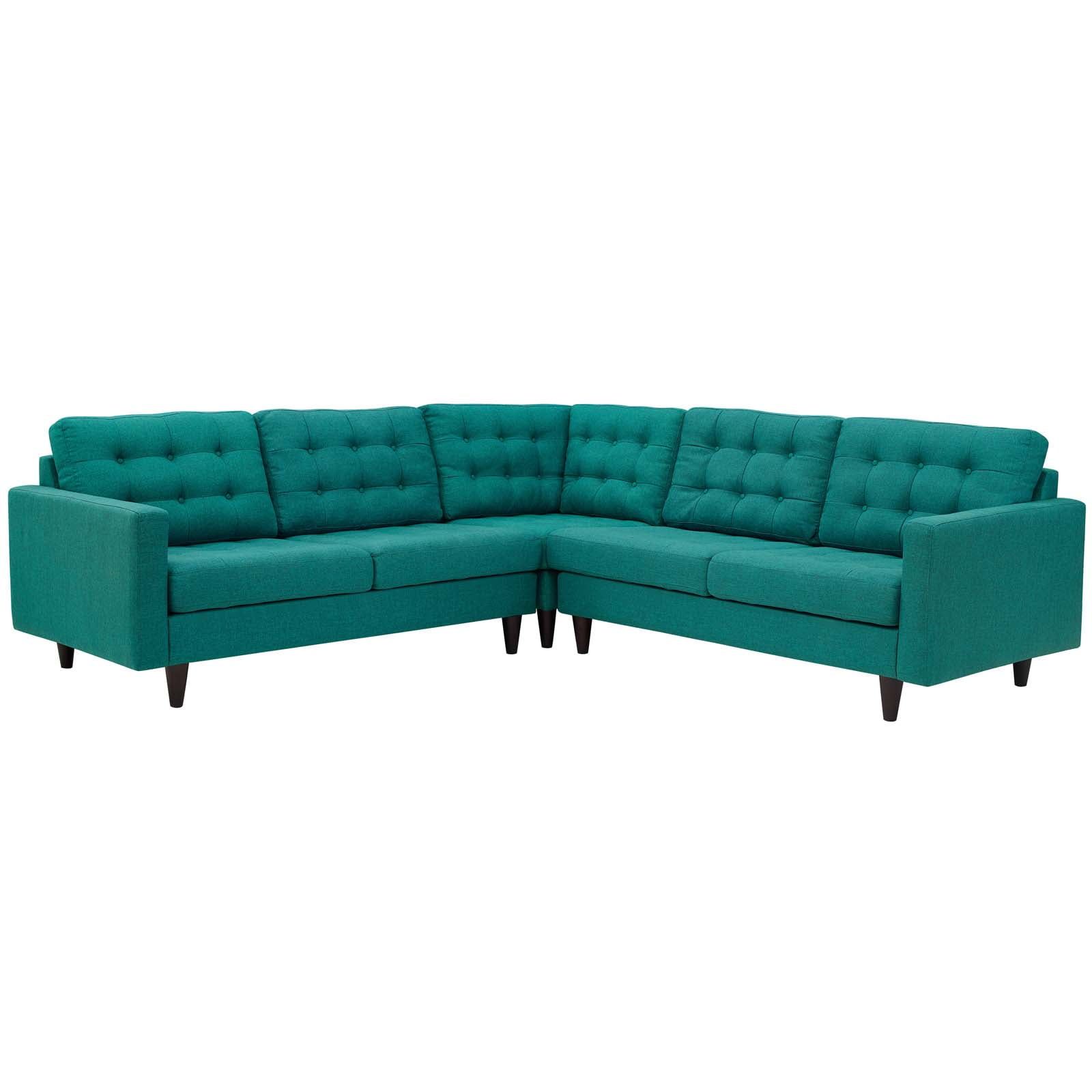 Teal Blue Tufted Fabric Three Piece Sectional Sofa