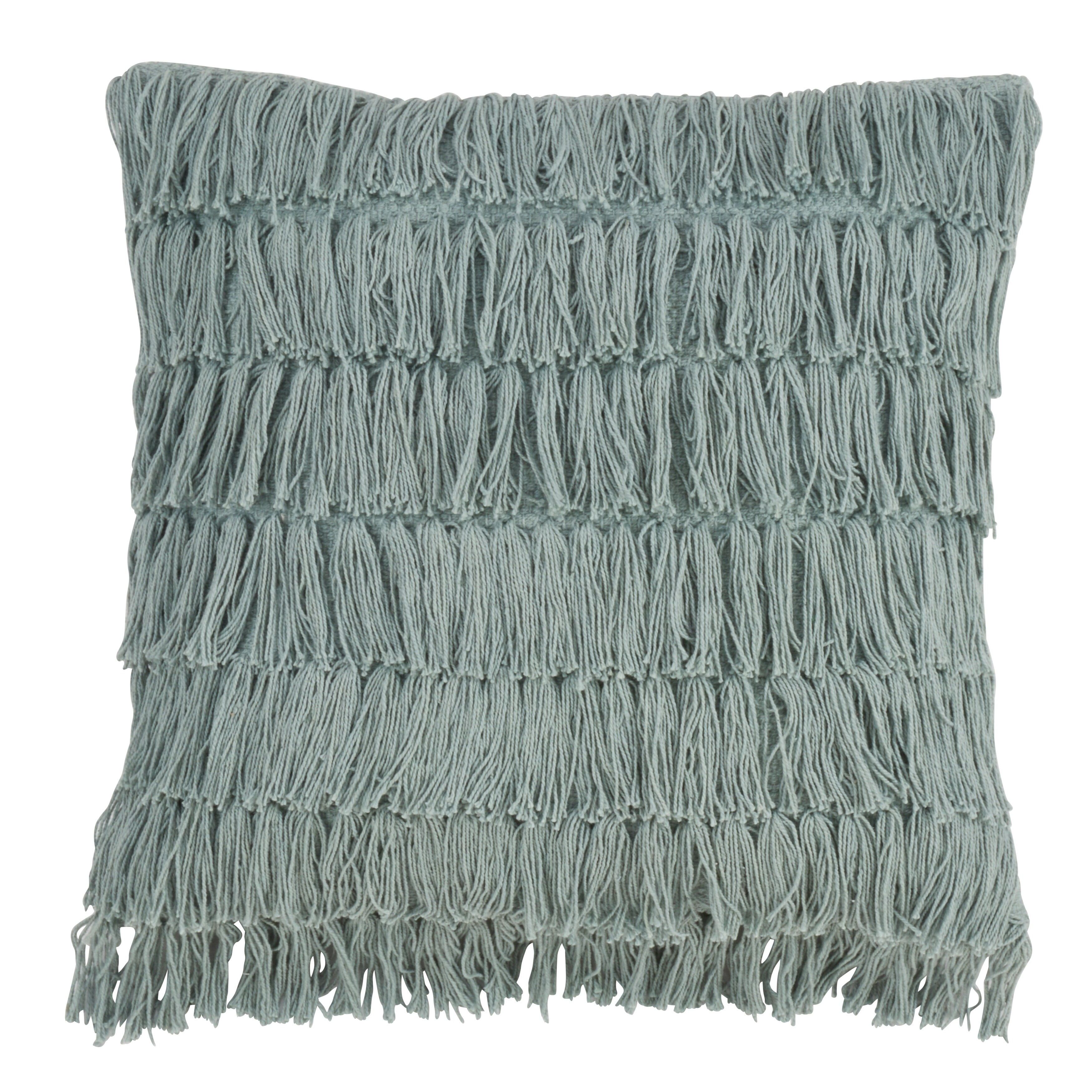 Mint Woven Fringes Cotton Throw Pillow 18 x 18 Inch