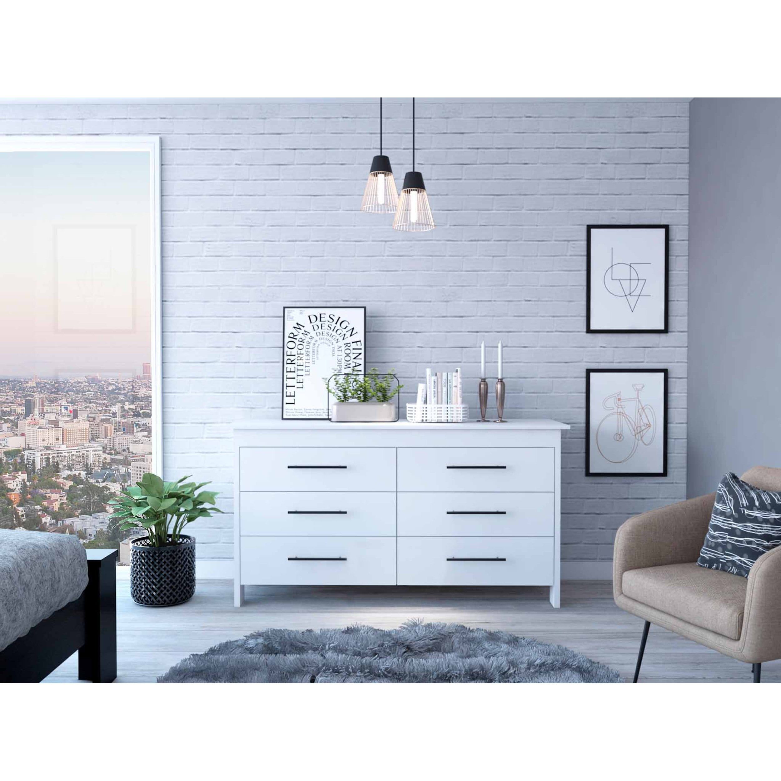 Elegant Black Double Roller 6-Drawer Dresser in Sleek White