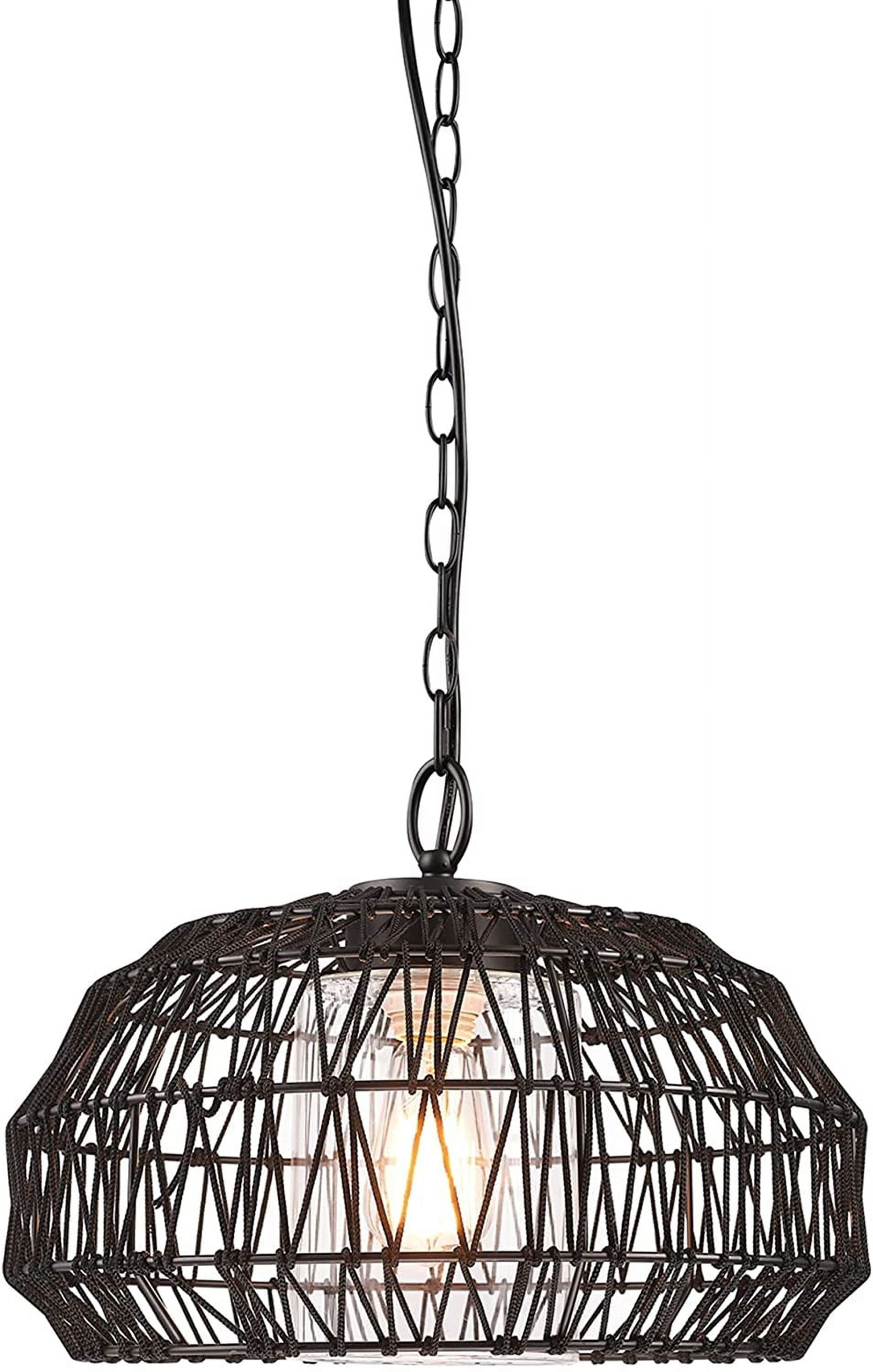 Matte Black Woven Fabric Outdoor Pendant Light with Glass Globe