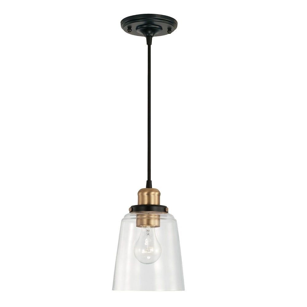 Aged Brass and Black Glass Pendant Light