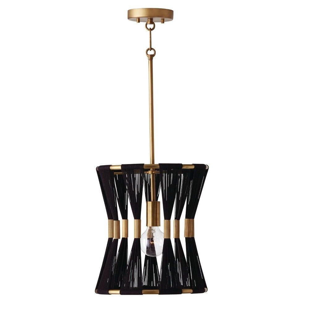 Bianca Mid-Century Pleated 1-Light Pendant in Black Rope & Patinaed Brass