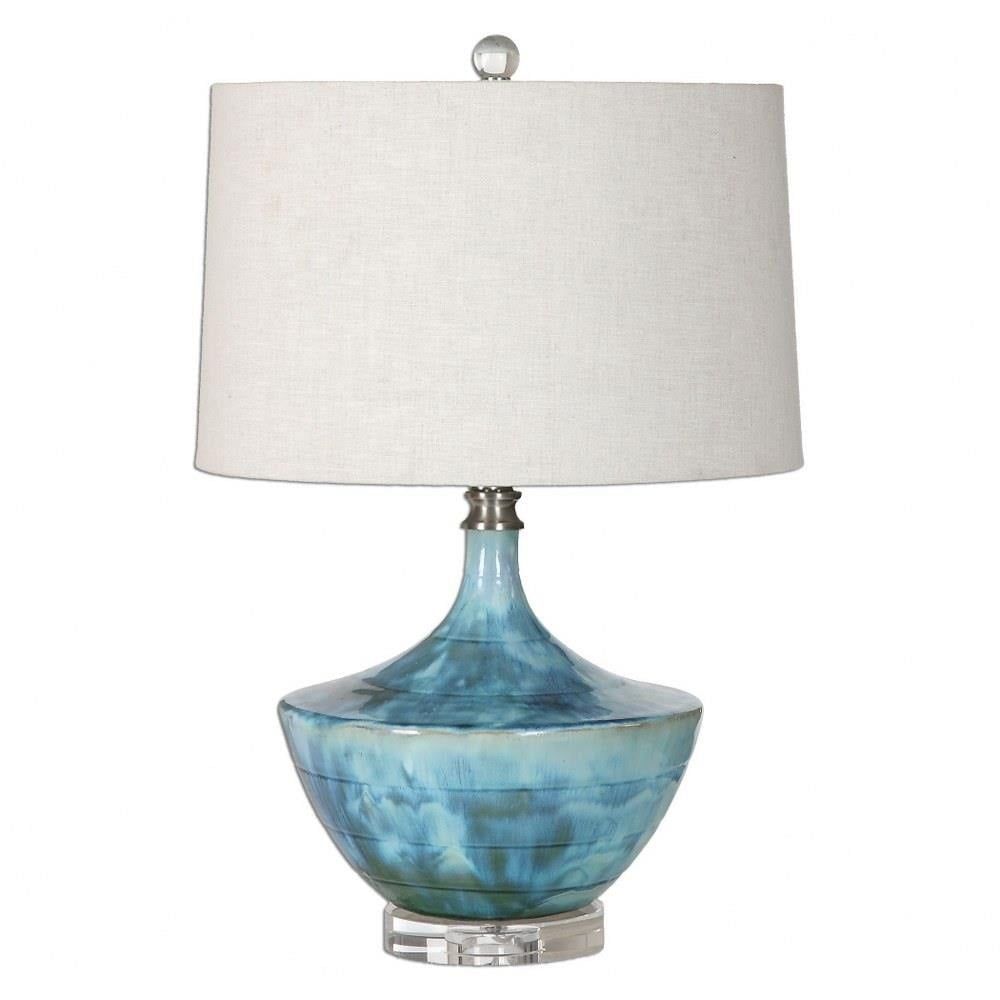 Blue Tie Dyed Ceramic Lamp with Beige Linen Shade