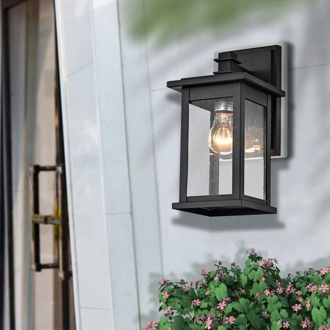 Matte Black 12-Inch Square Outdoor Wall Lantern with Seeded Glass