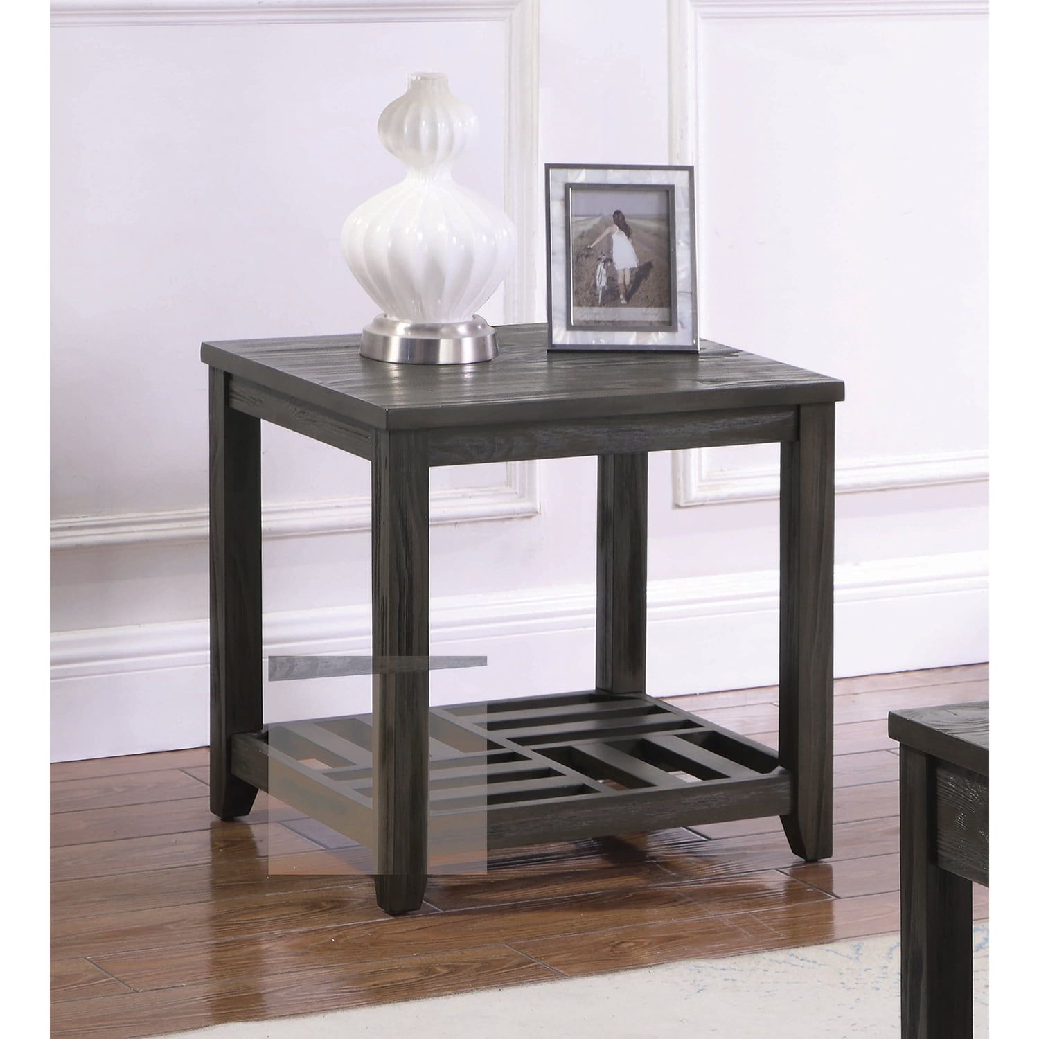 Gray Pine Wood Rectangular End Table with Shelf