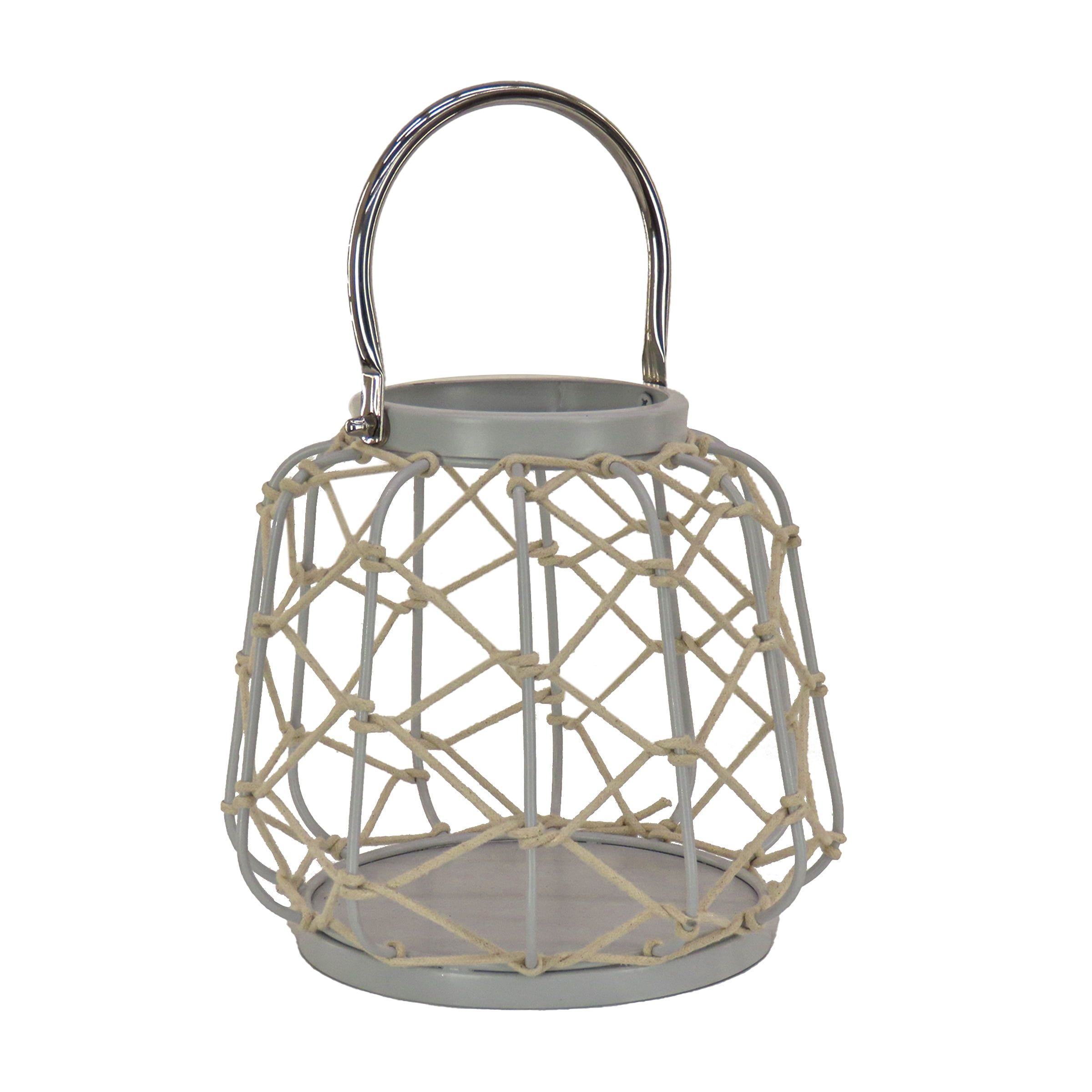 Glacier Gray Steel and Cotton Rope Weave 10'' Candle Lantern