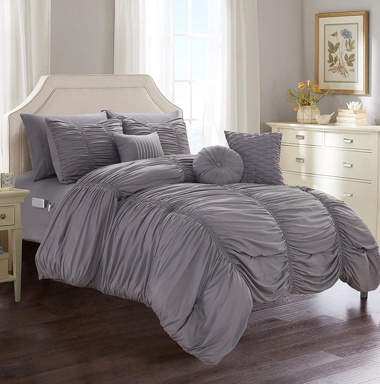 Gray Full/Queen Microfiber 10-Piece Bed-in-a-Bag Comforter Set