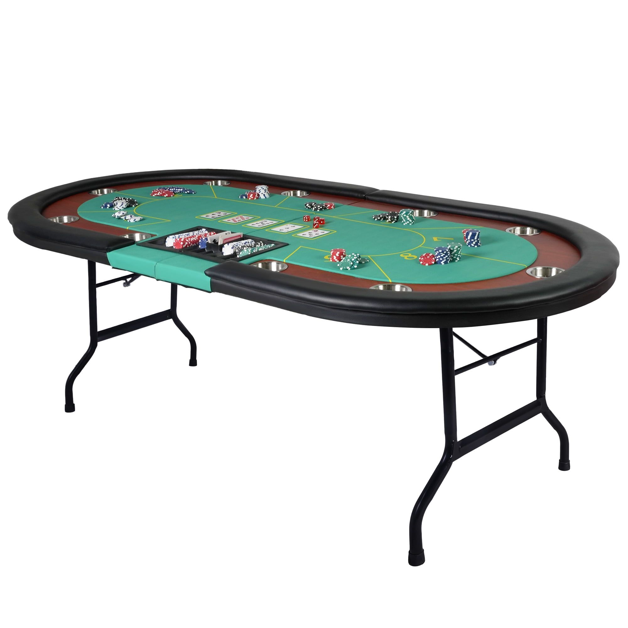 Green Foldable 10-Player Poker Table with Leather Padded Rails