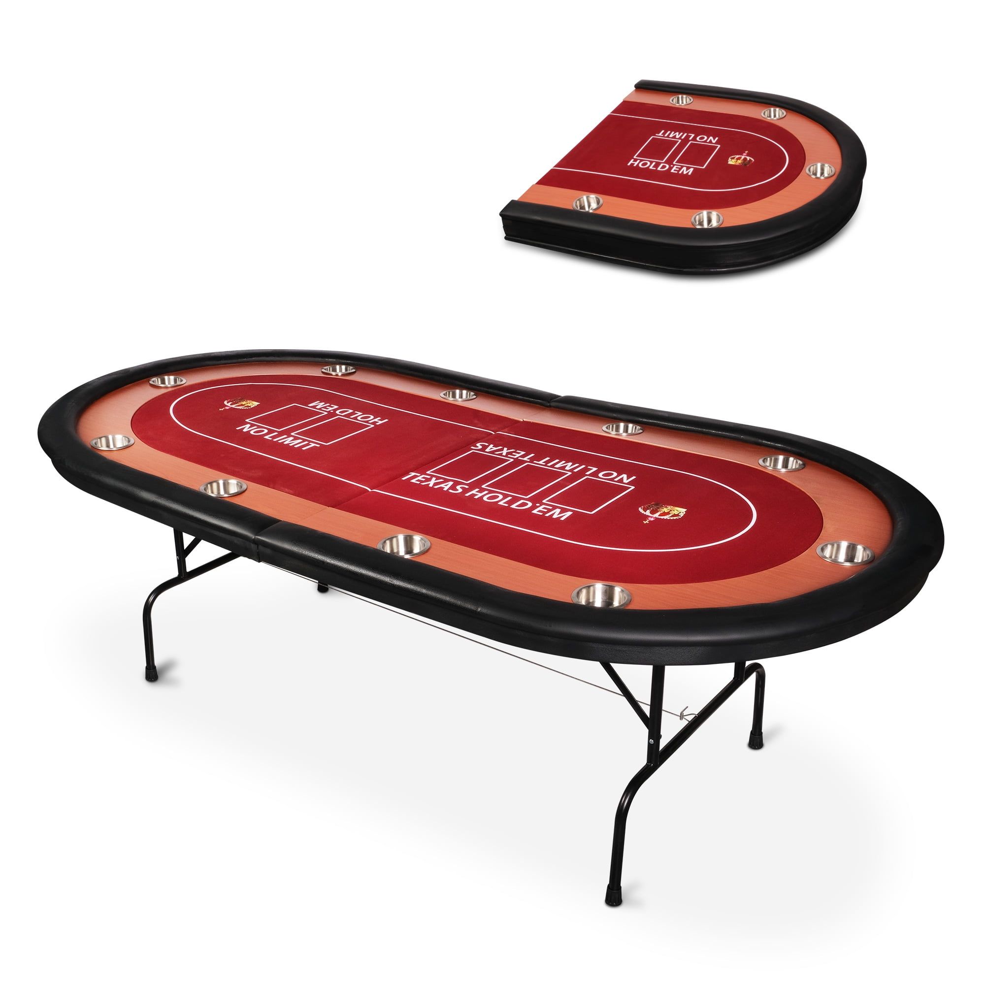 Red Felt Foldable 10-Player Poker Table with Cup Holders