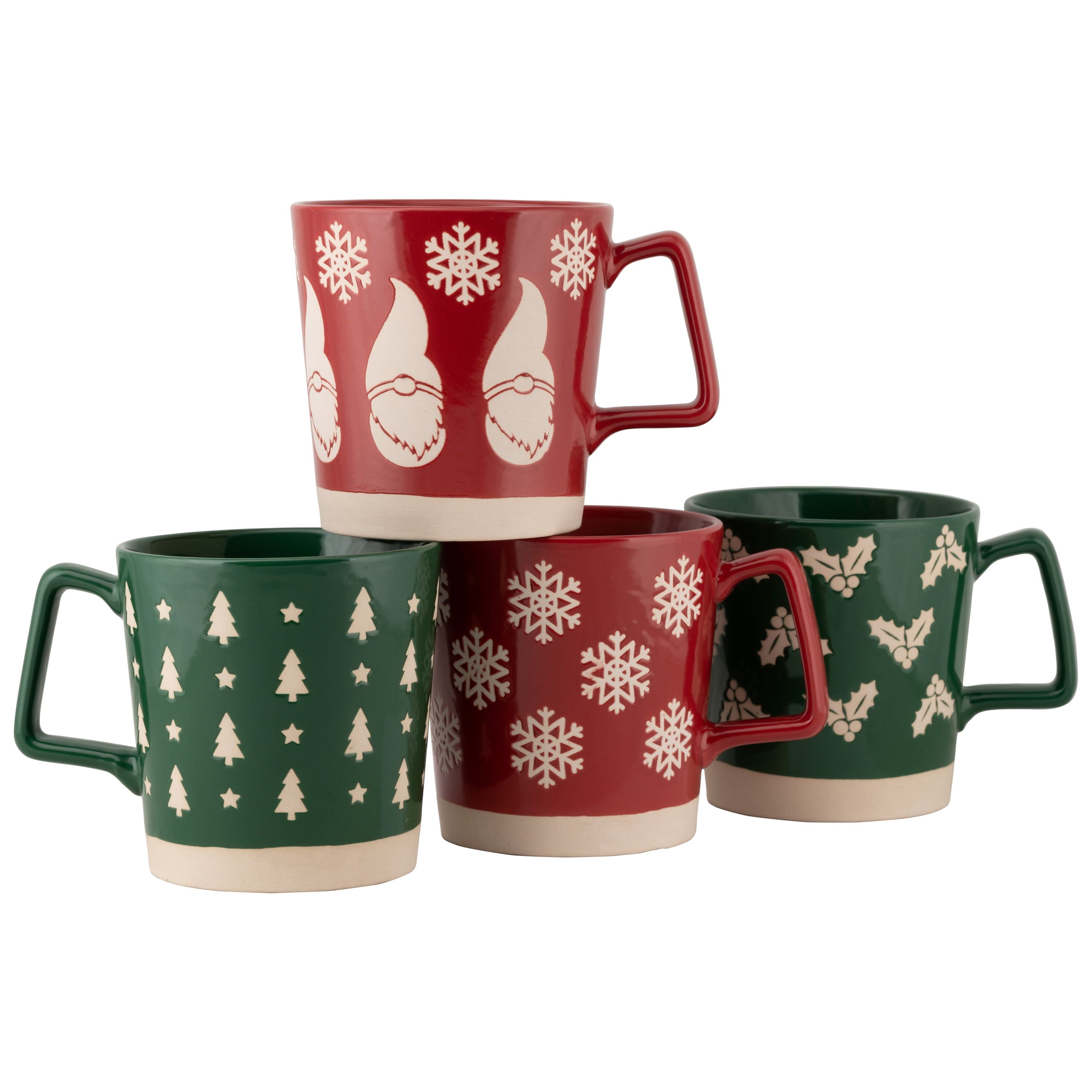 Holiday Red and Green Ceramic Christmas Mug Set, 20 fl oz