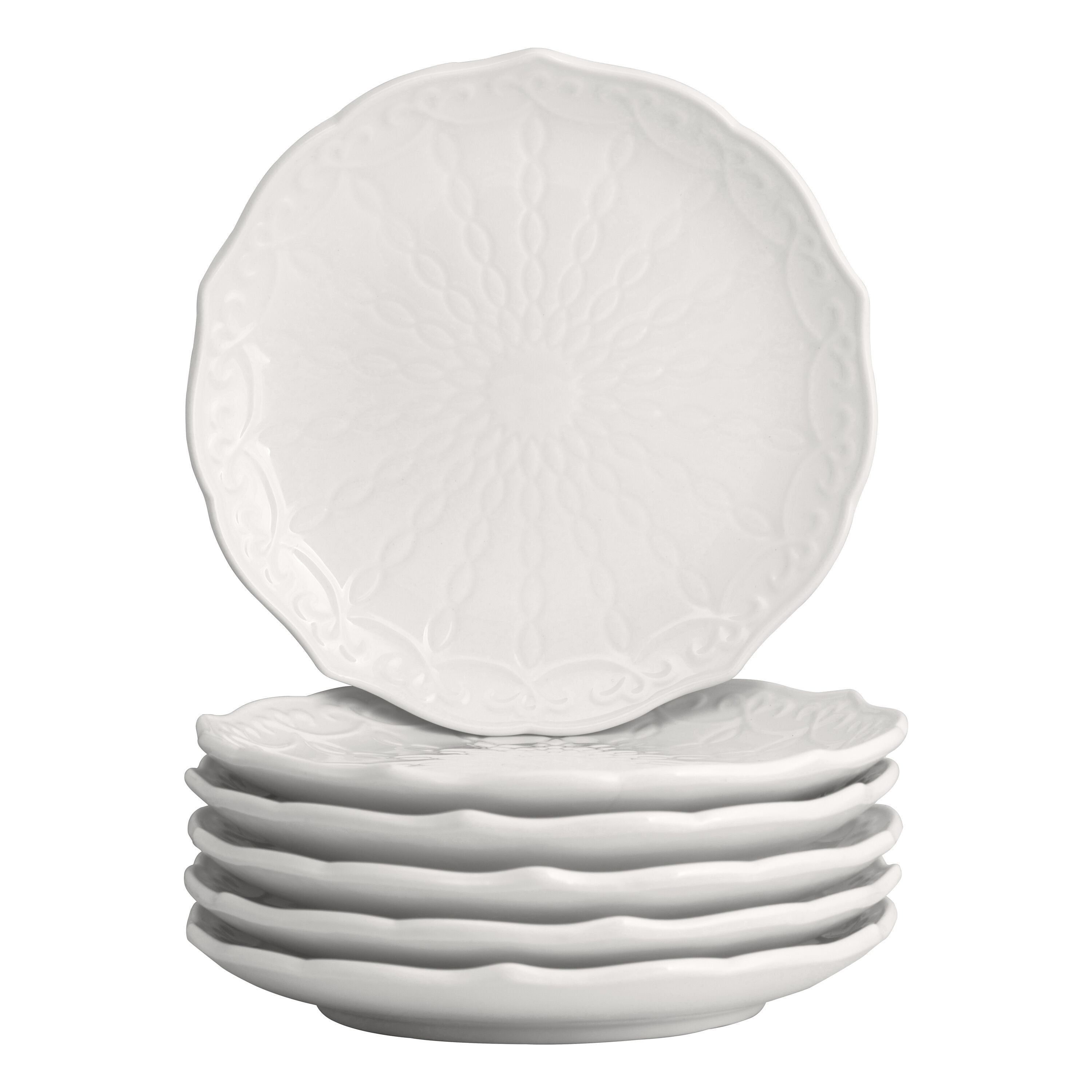 White Porcelain 6" Embossed Bread & Butter Plates, Set of 6