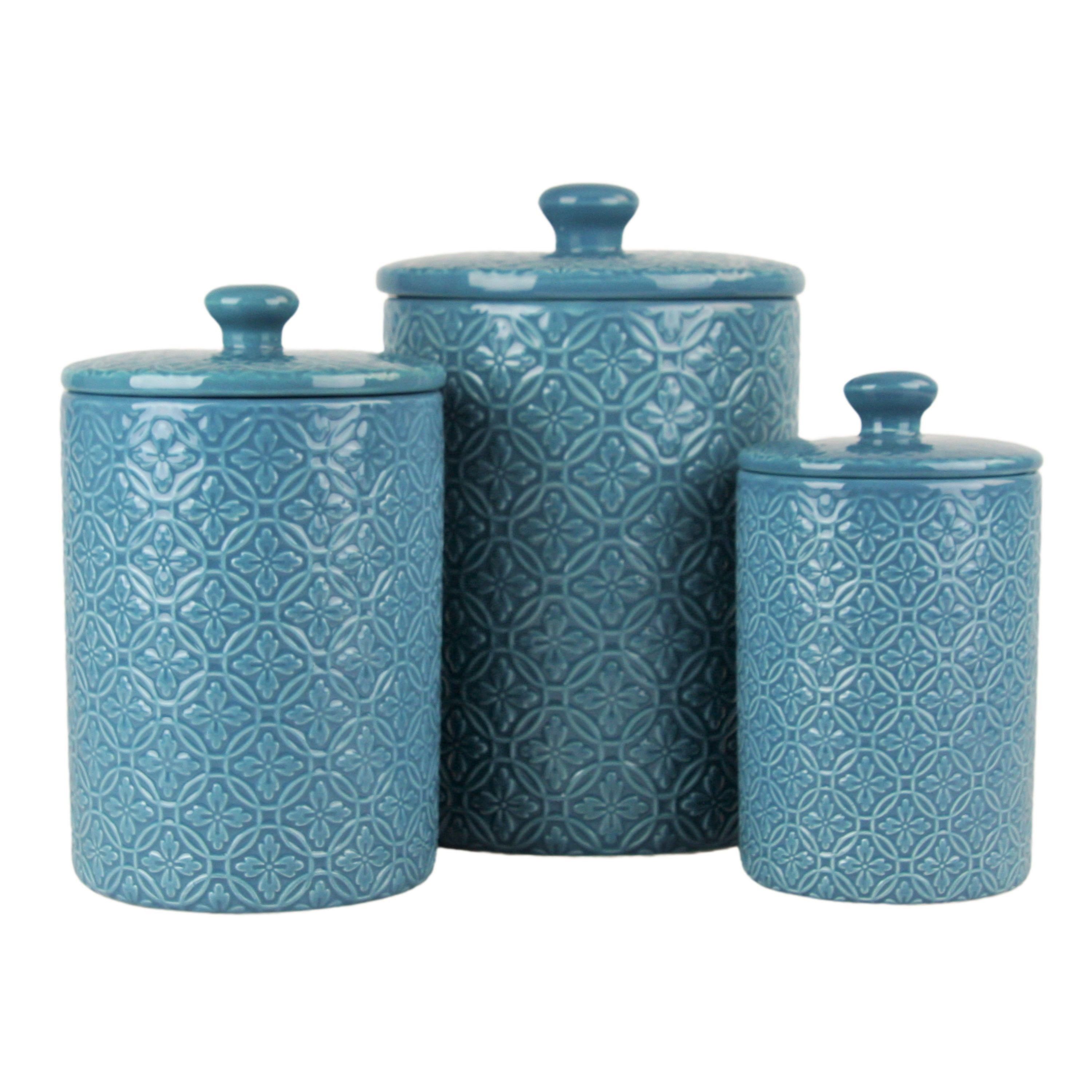 Hampton Teal Embossed Ceramic 3-Piece Canister Set