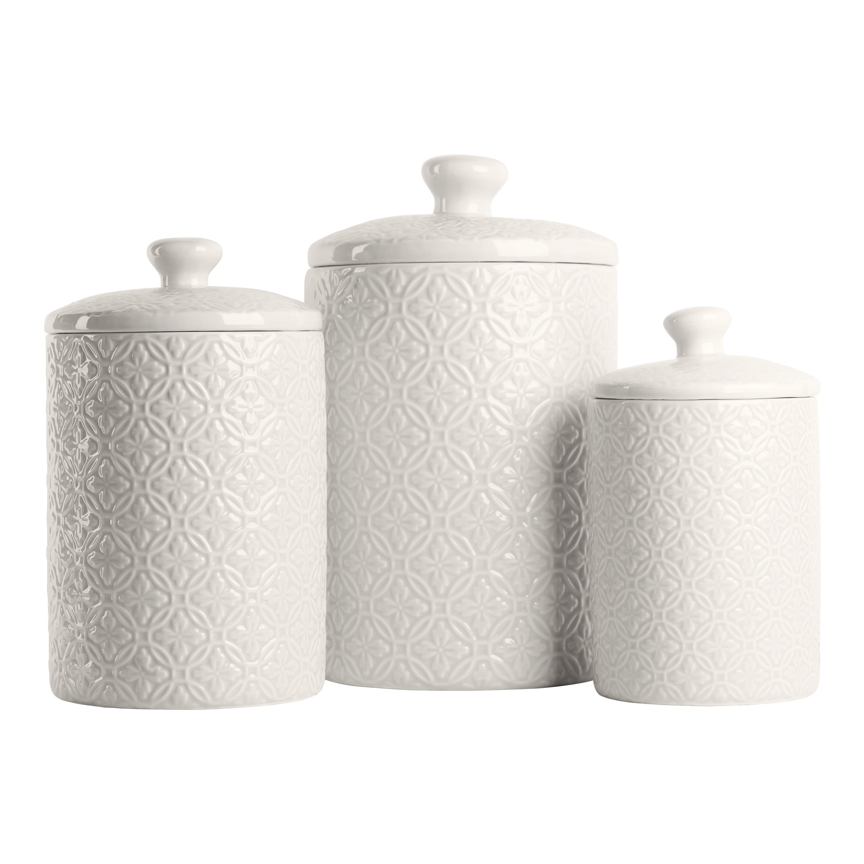 Embossed White Ceramic 3-Piece Canister Set