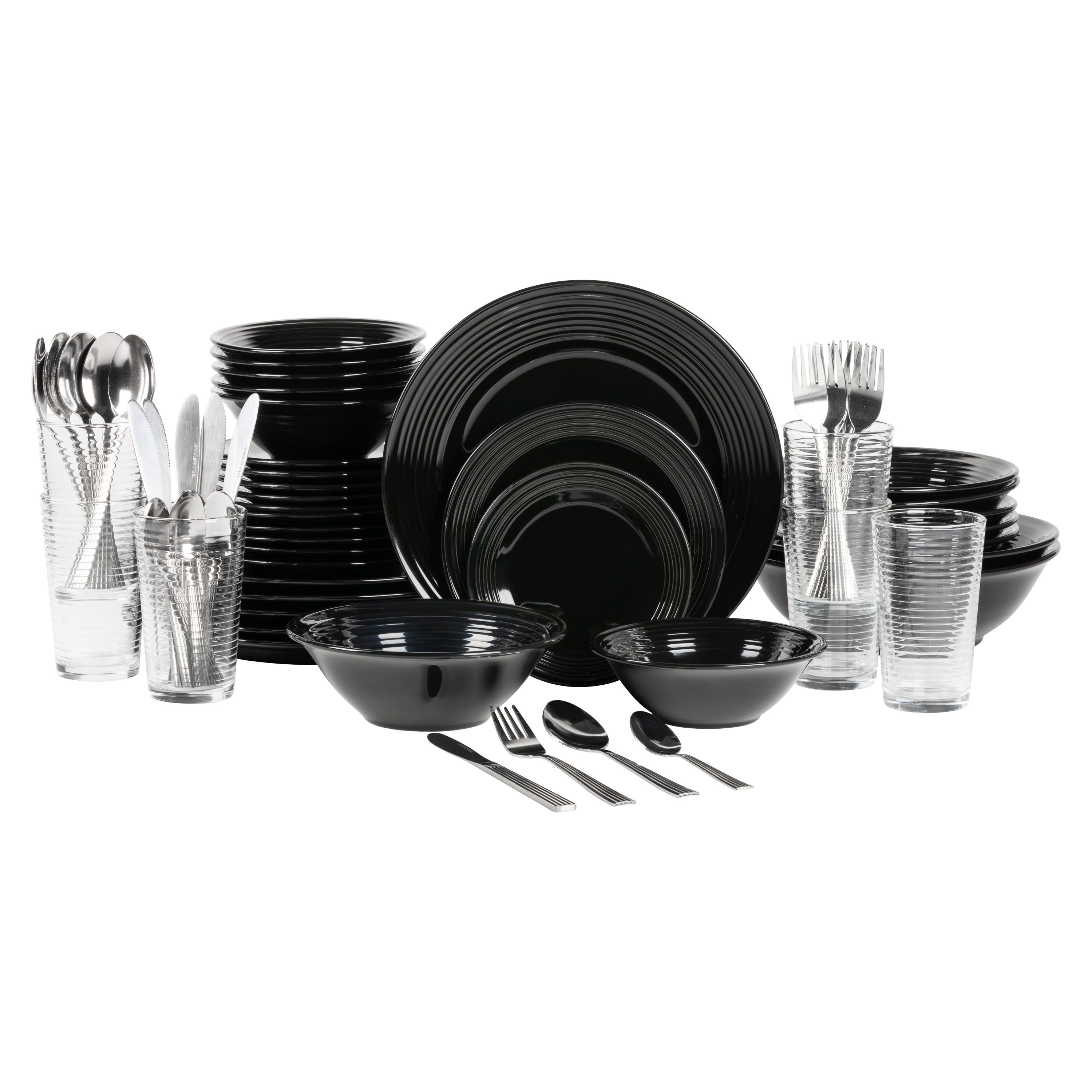 Nova Glossy Black and White Glass 62-Piece Dinnerware Set, Service for 6