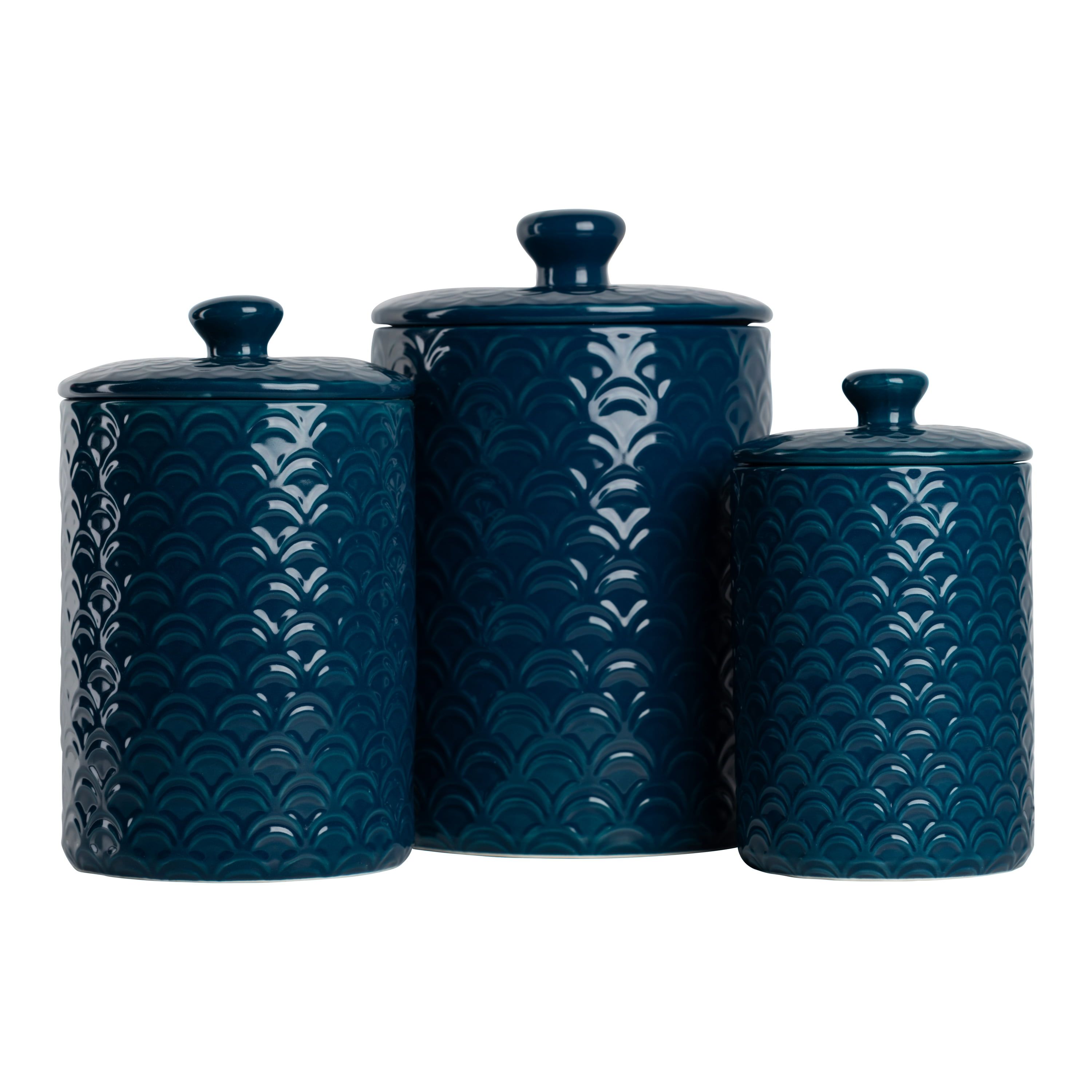 Navy Blue Ceramic Embossed 3-Piece Kitchen Canister Set