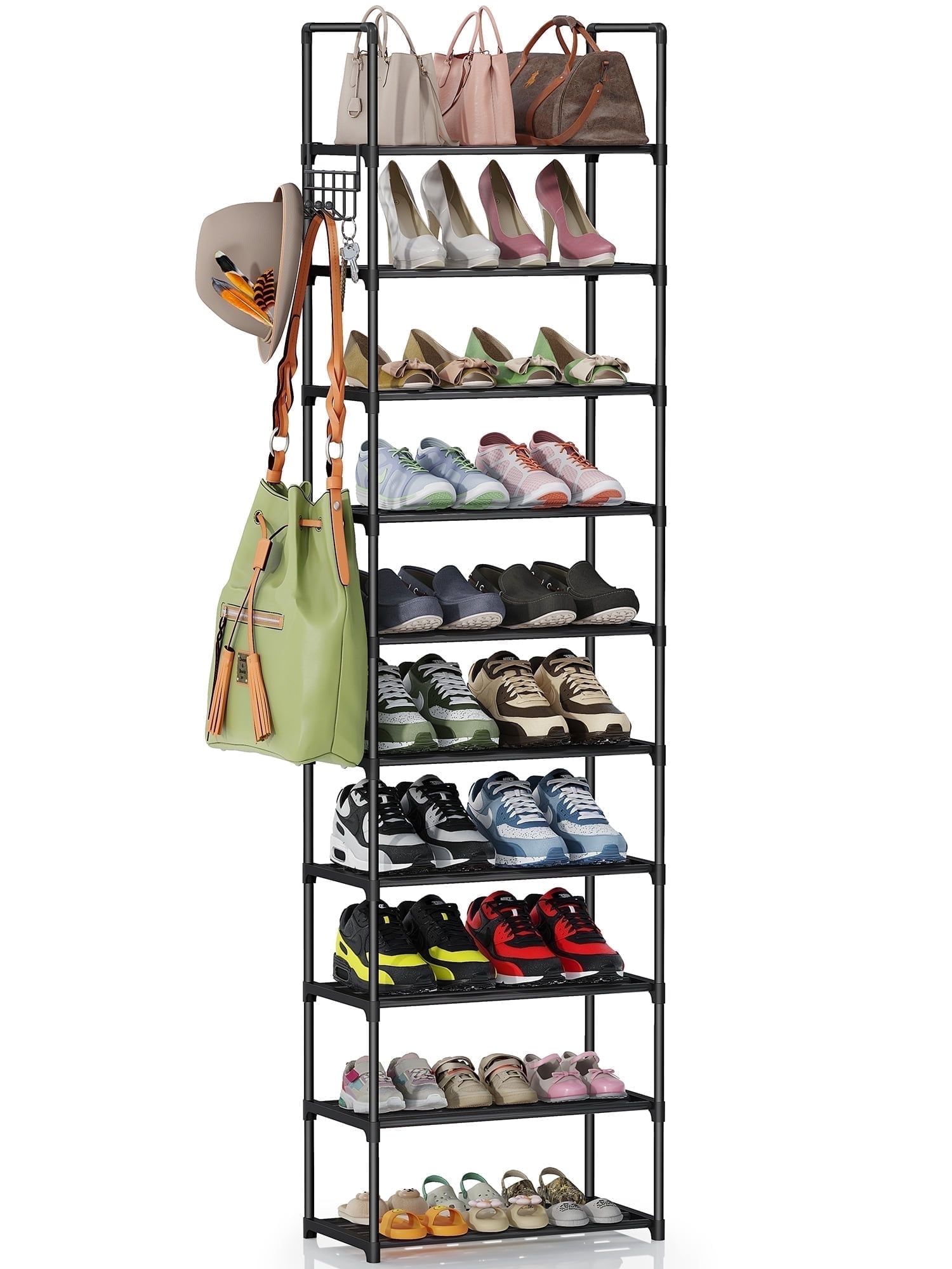 10-Tier Black Metal Stackable Shoe Rack Organizer