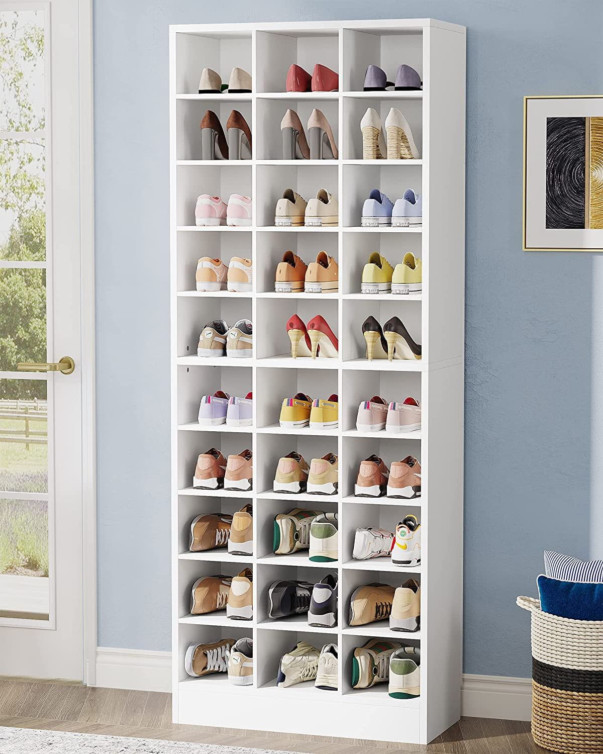 White 10-Tier Wooden Shoe Storage Cabinet with 30 Cubbies