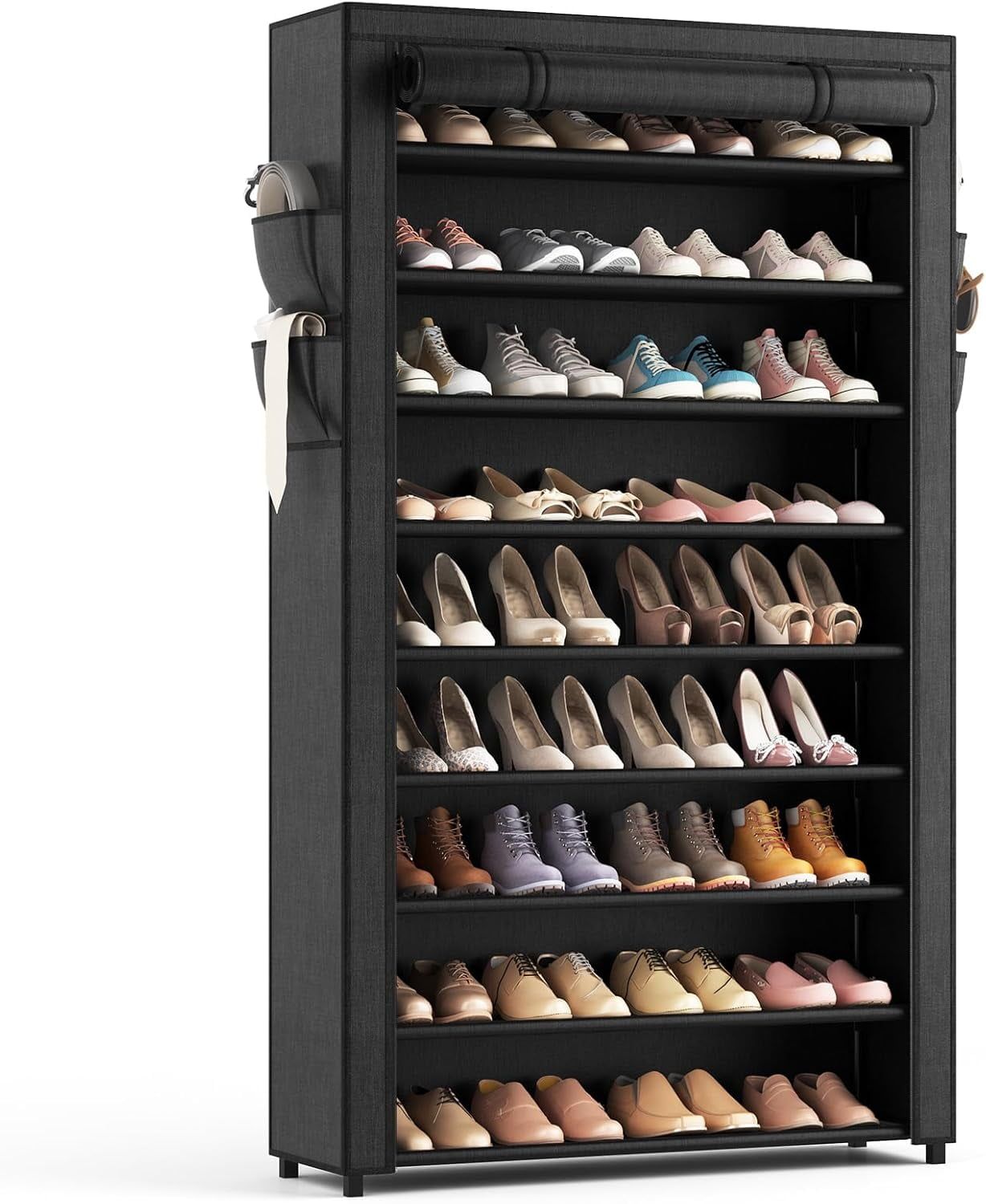 Tall Black Fabric 10-Tier Shoe Rack with Pockets