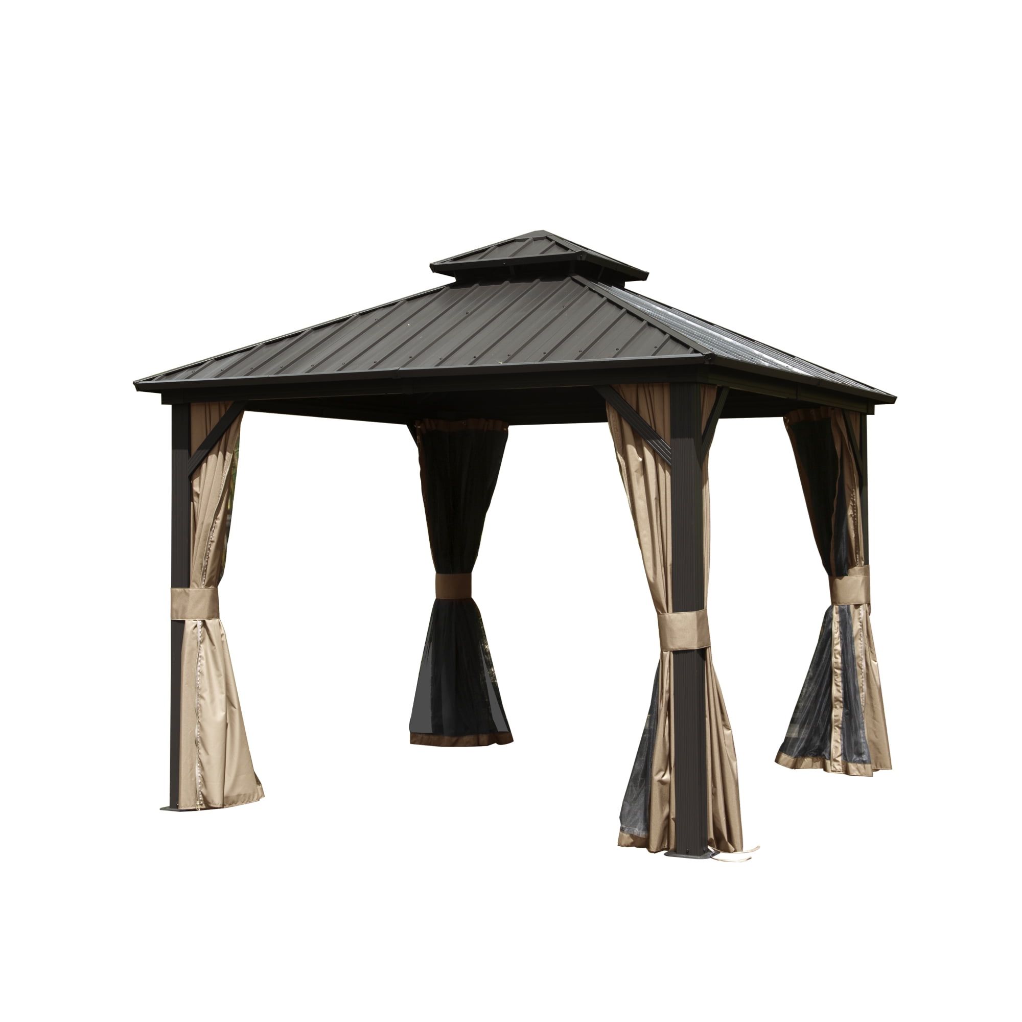 10' x 10' Brown Aluminum Patio Gazebo with Curtains and Netting