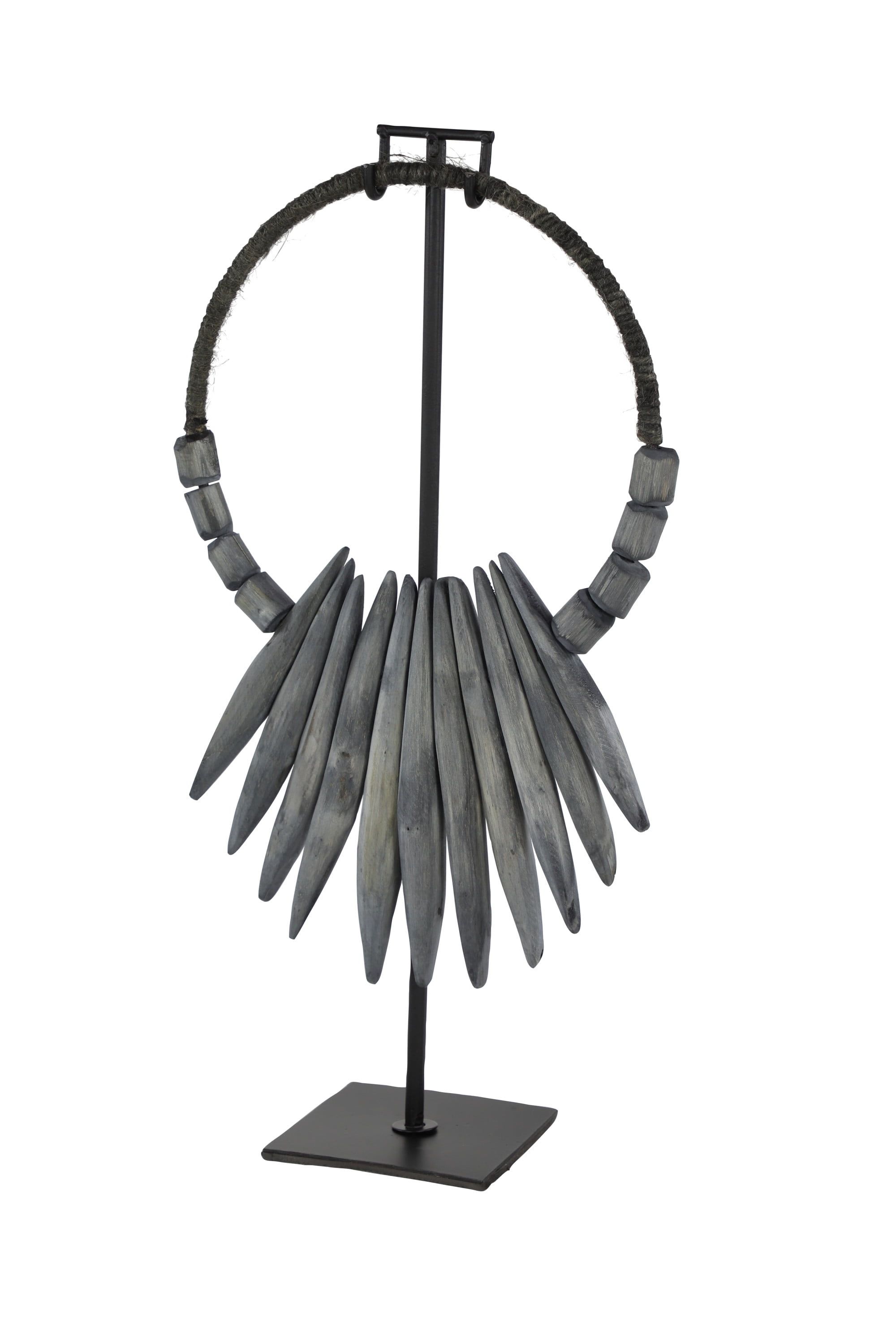 Gray Teak Wood Tribal Necklace Sculpture with Stand