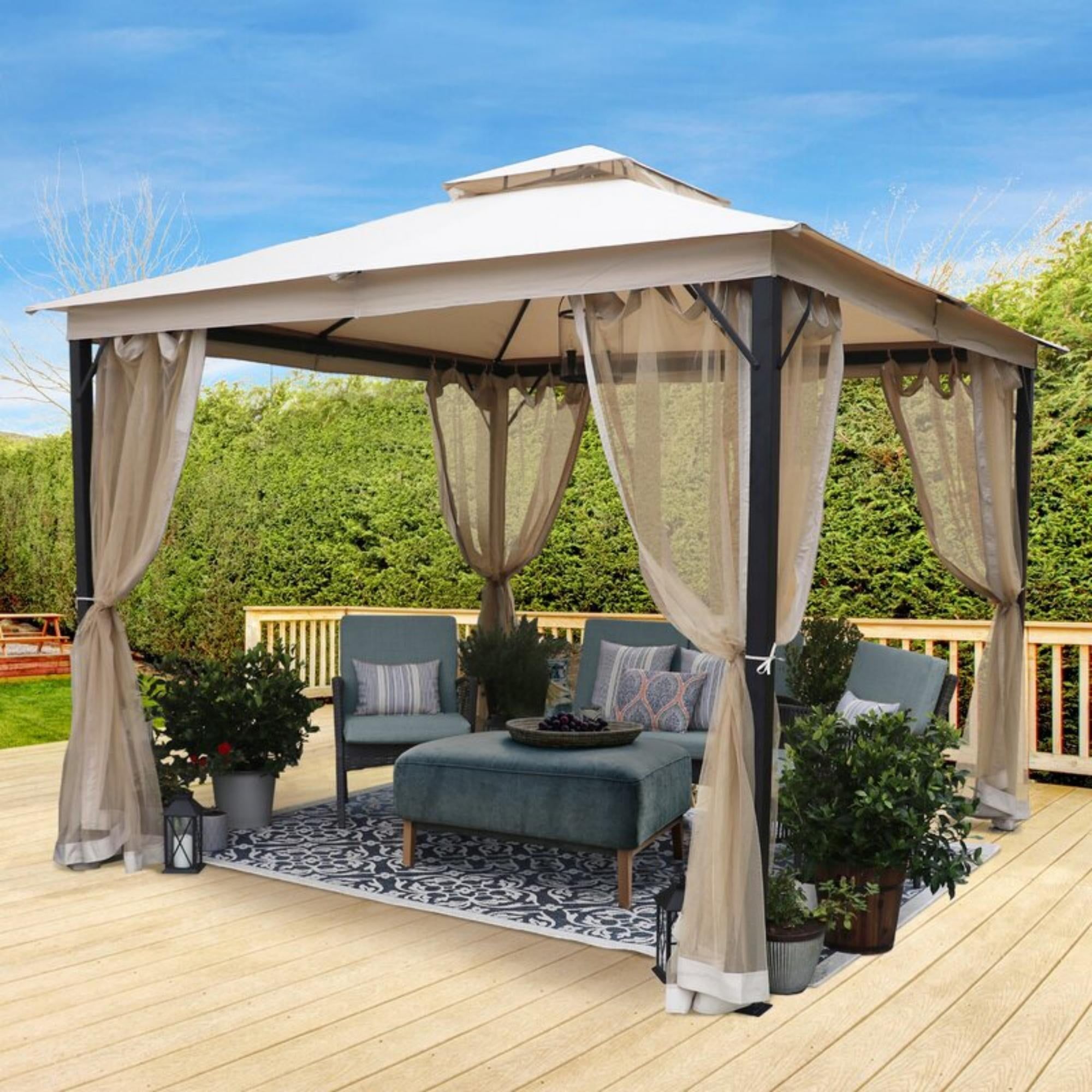 10x10 Beige Galvanized Steel Patio Gazebo with Curtains and Netting