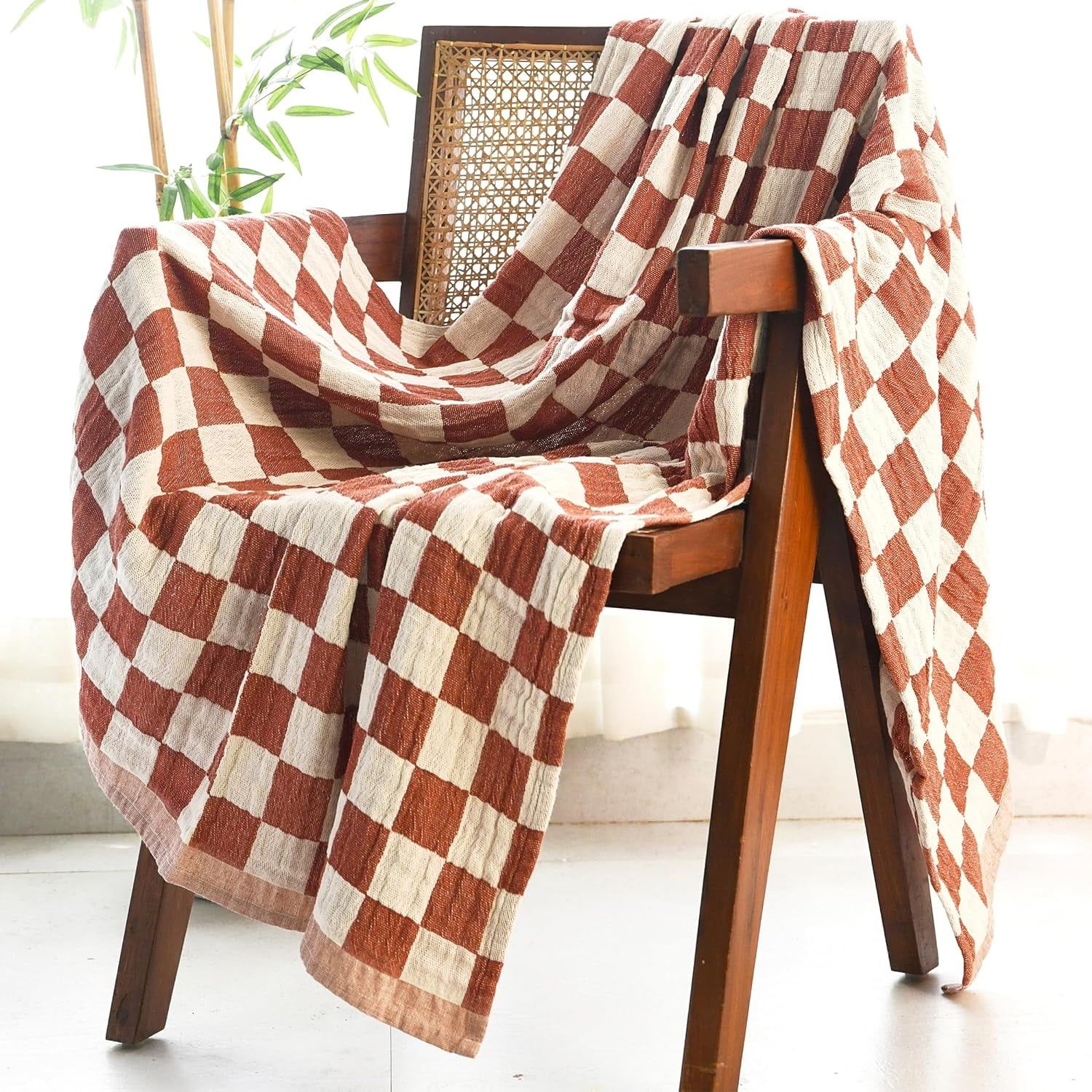 Rust and Off-White Cotton Checkered Throw Blanket, 50x60in